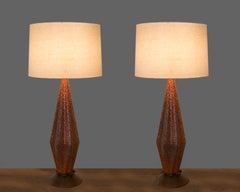 Tall Ceramic Textured Glaze Orange Lamps with Wood Bases