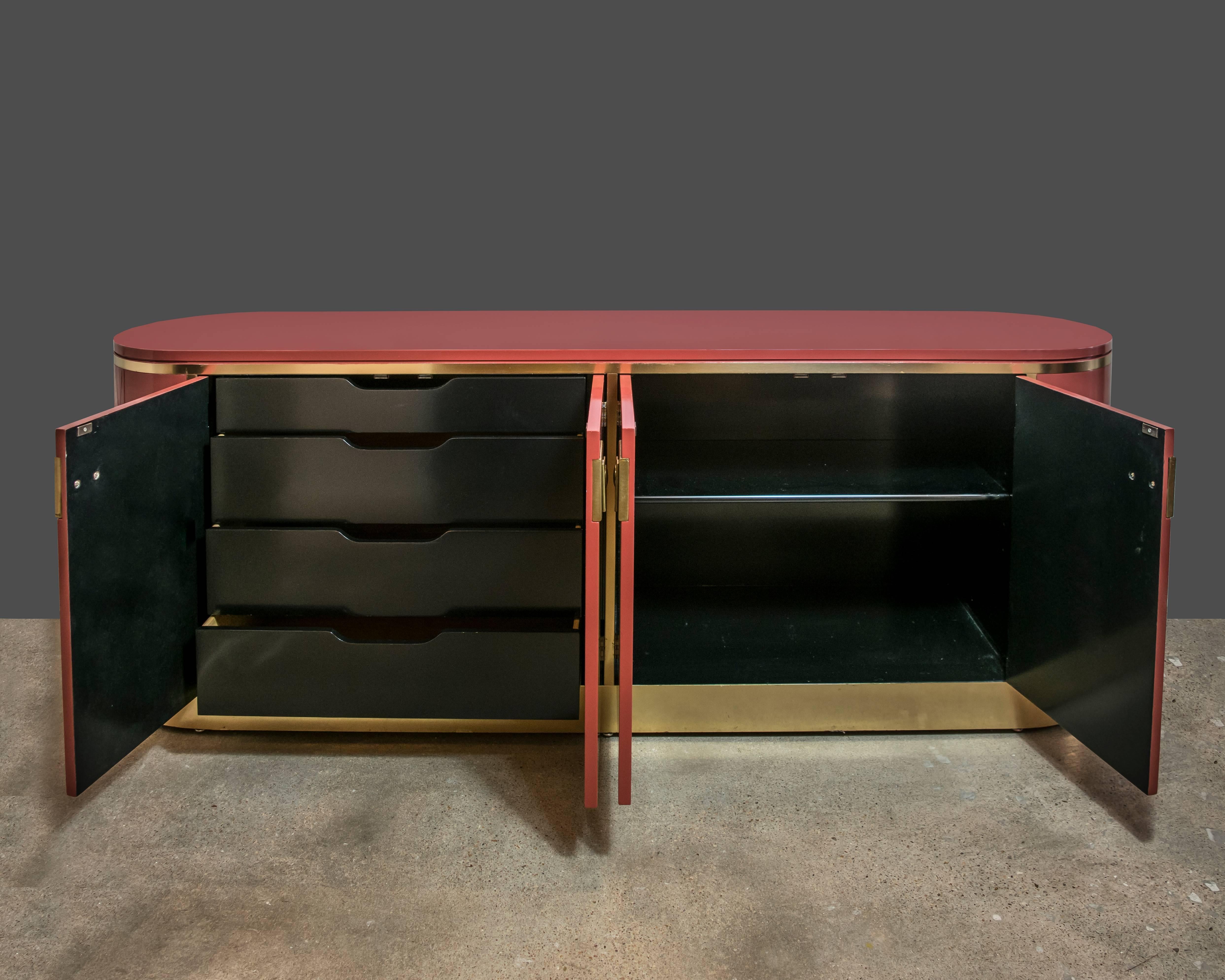 Mid-Century Modern Mastercraft Brass and Moroccan Red Lacquer Credenza For Sale