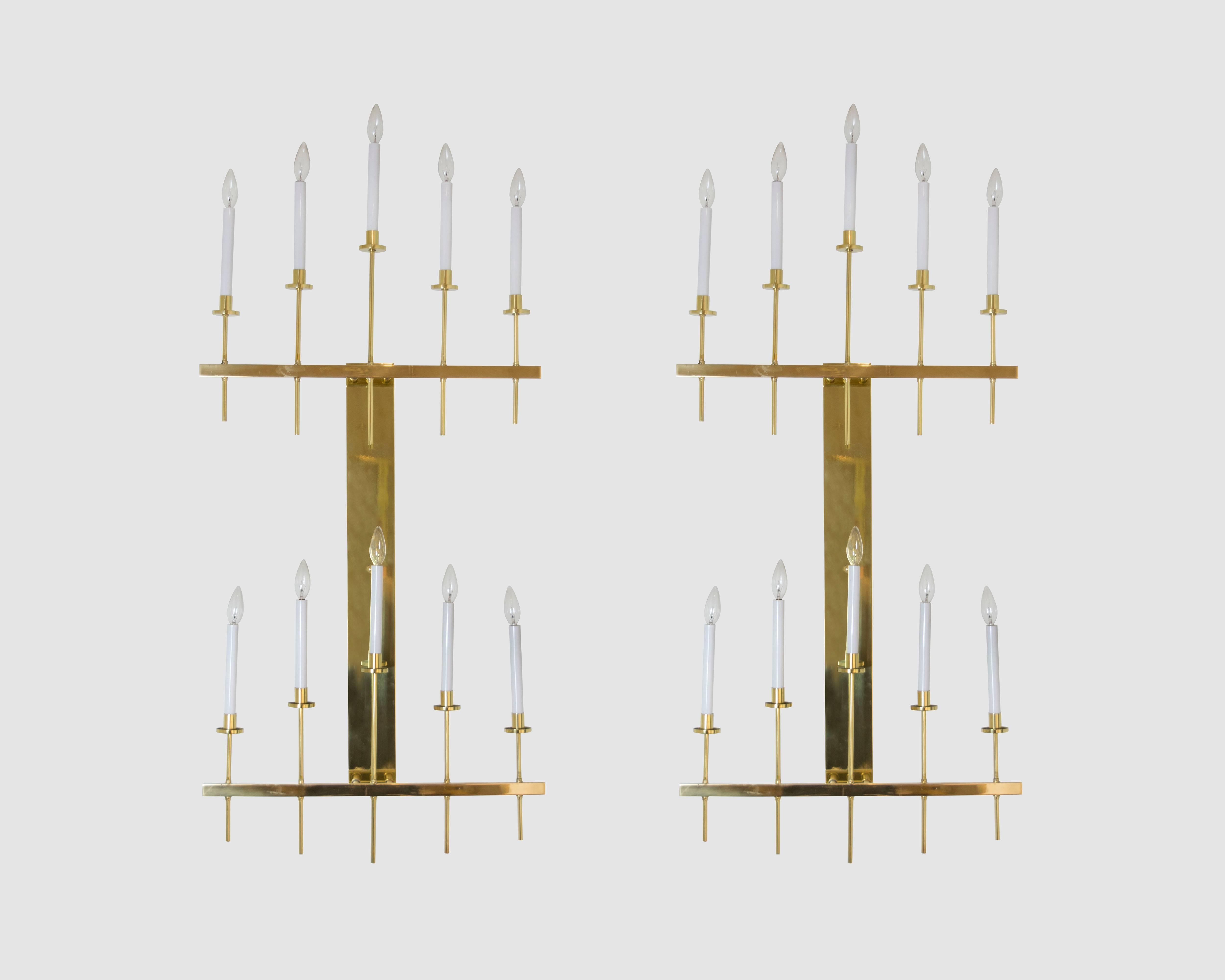 Enormous 4' long pair of brass vintage wall sconces in the style of Parzinger/Ponti.