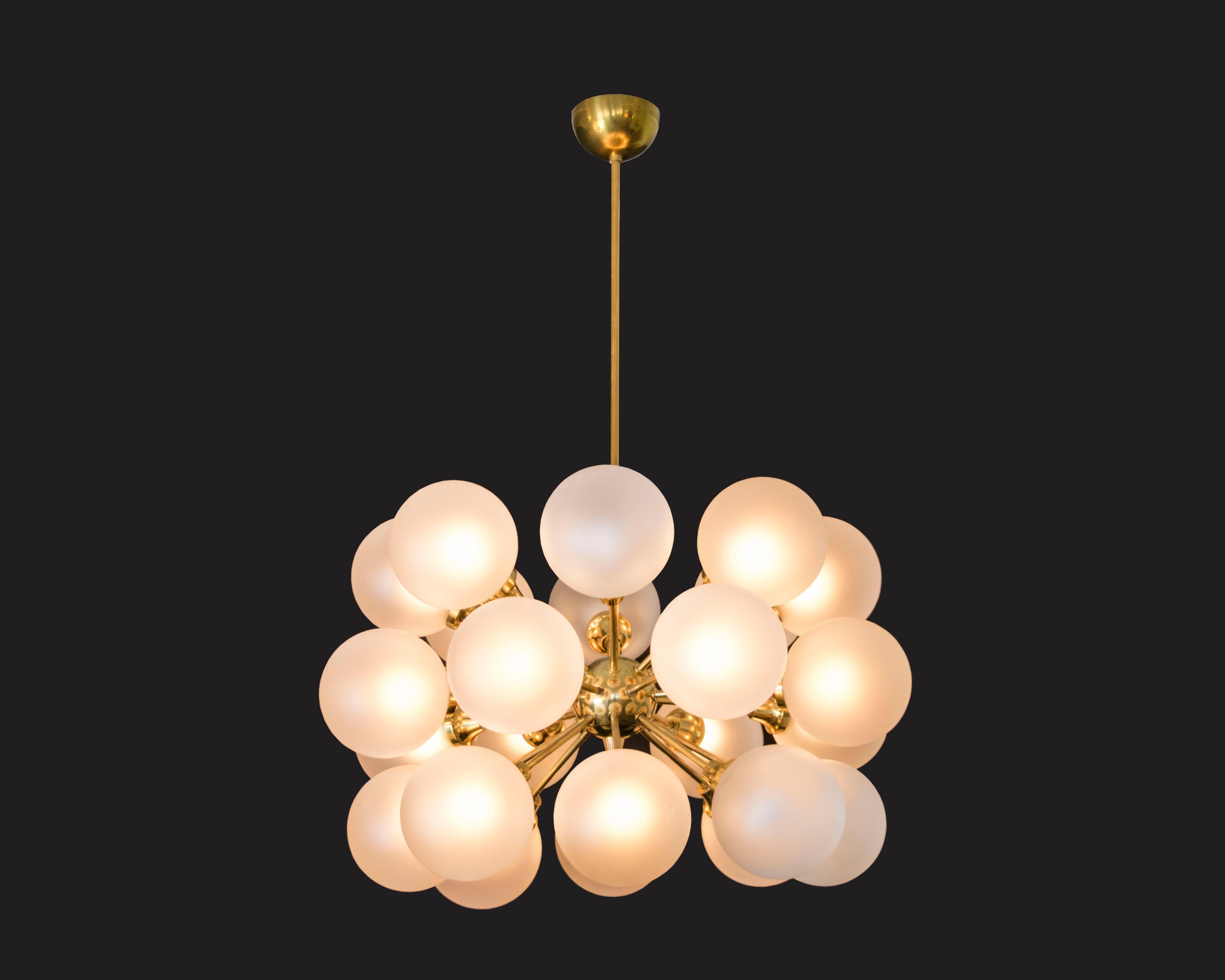 Majestic 24 globe Mid-Century brass and opaline chandelier.