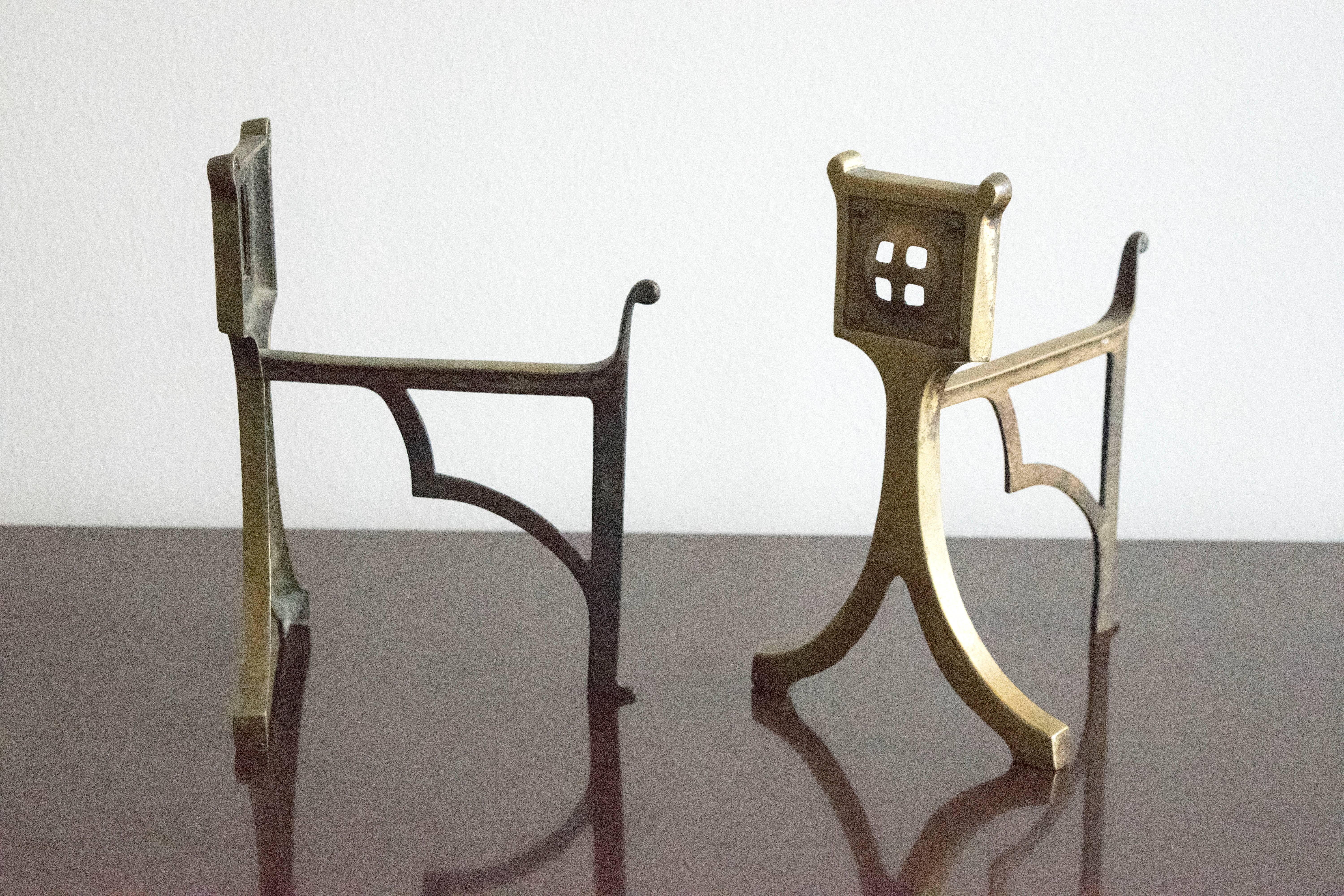 Highly unusual pair of small brass Art Nouveau / Secessionist brass andirons.