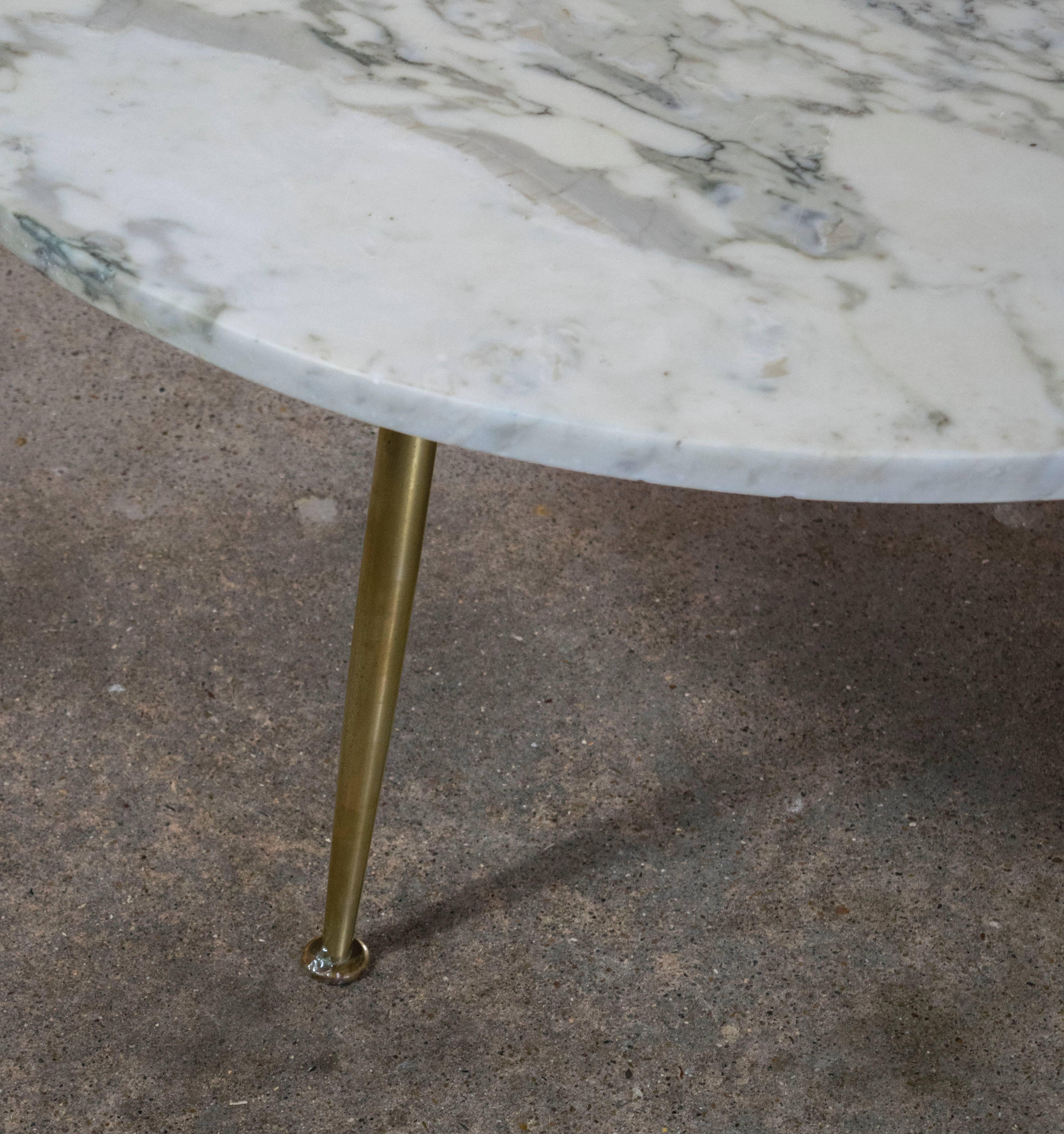 Mid-Century Modern Italian Carrara Marble Coffee Table with Brass Legs