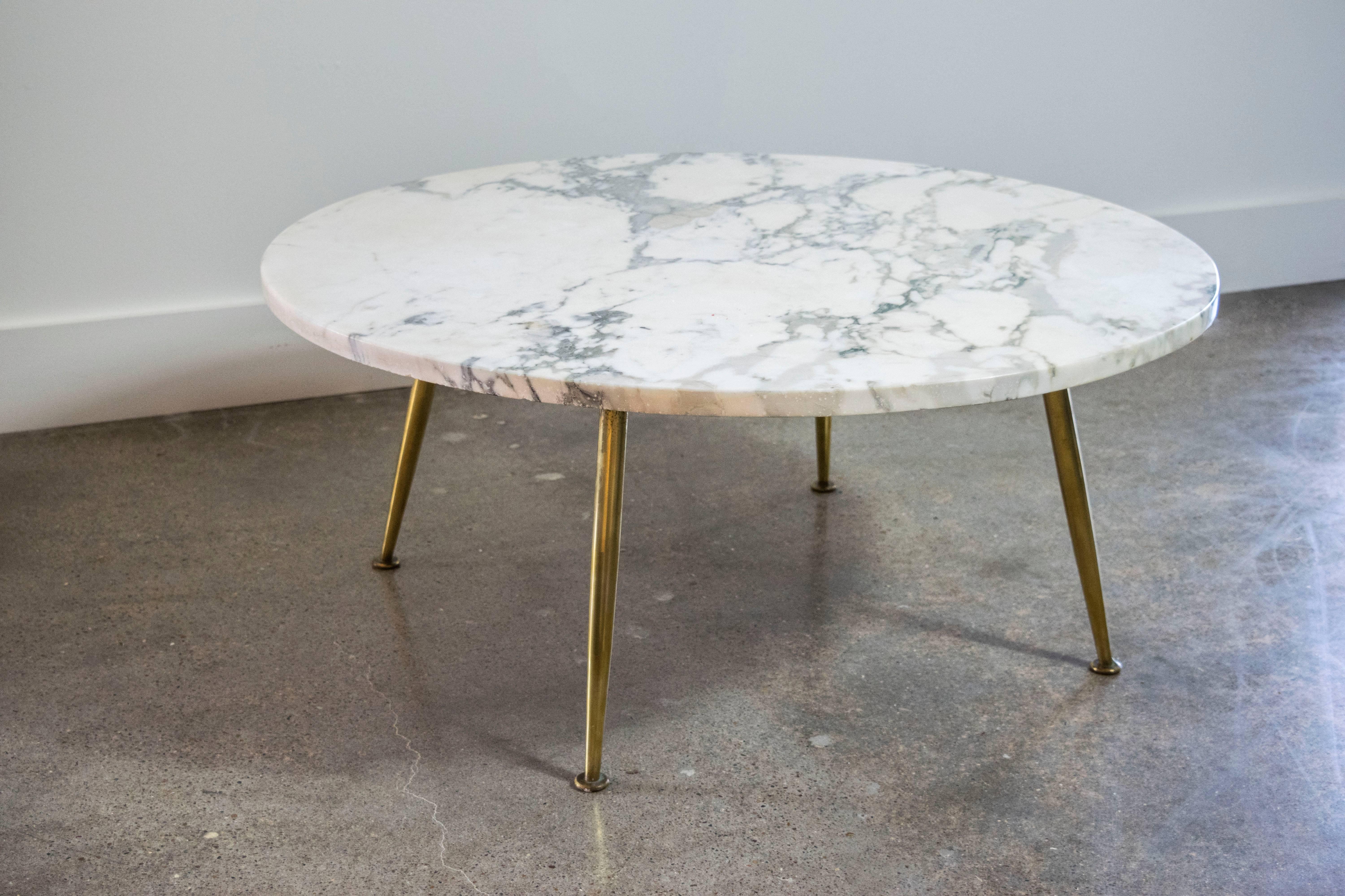 Brass and Carrara marble round Italian coffee table.