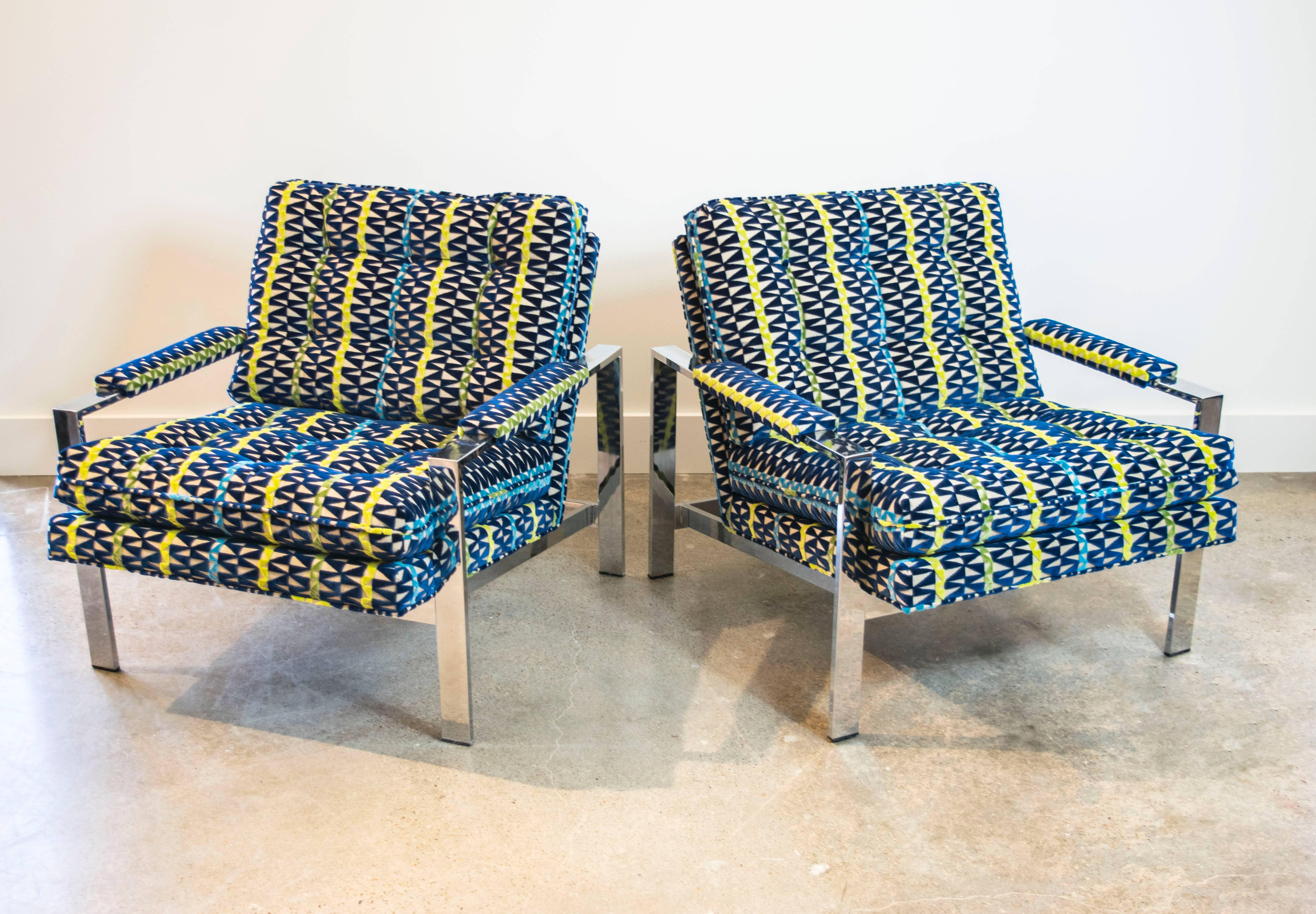 These gorgeous Italian flat bar chairs are styled very similarly to Milo Baughman however they were made in Italy and have a more substantial frame; beautifully upholstered in navy Knoll graphic striped velvet.