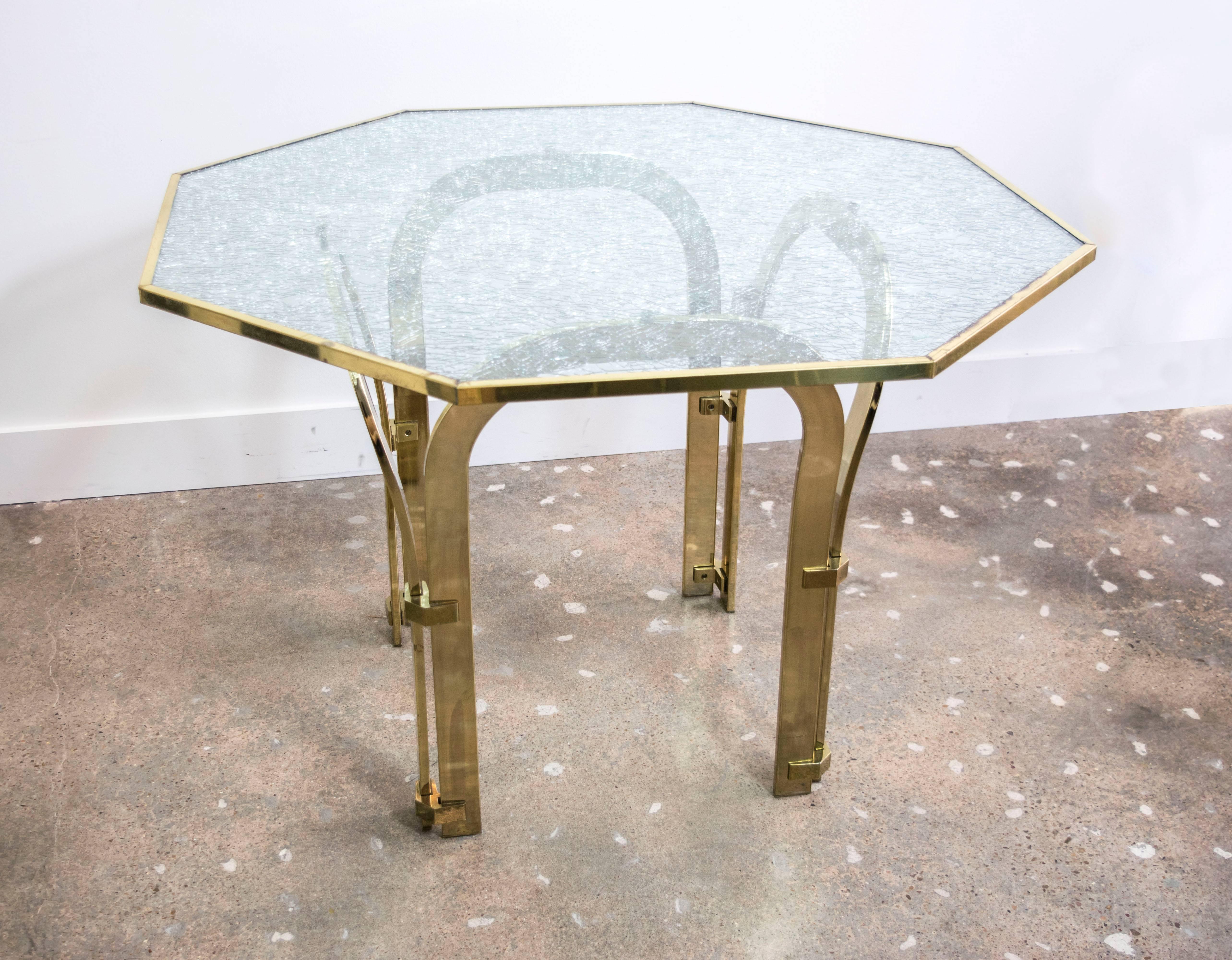Mid-Century Modern Octagonal Brass Dining Table with Custom Glass in the Style of Milo Baughman For Sale
