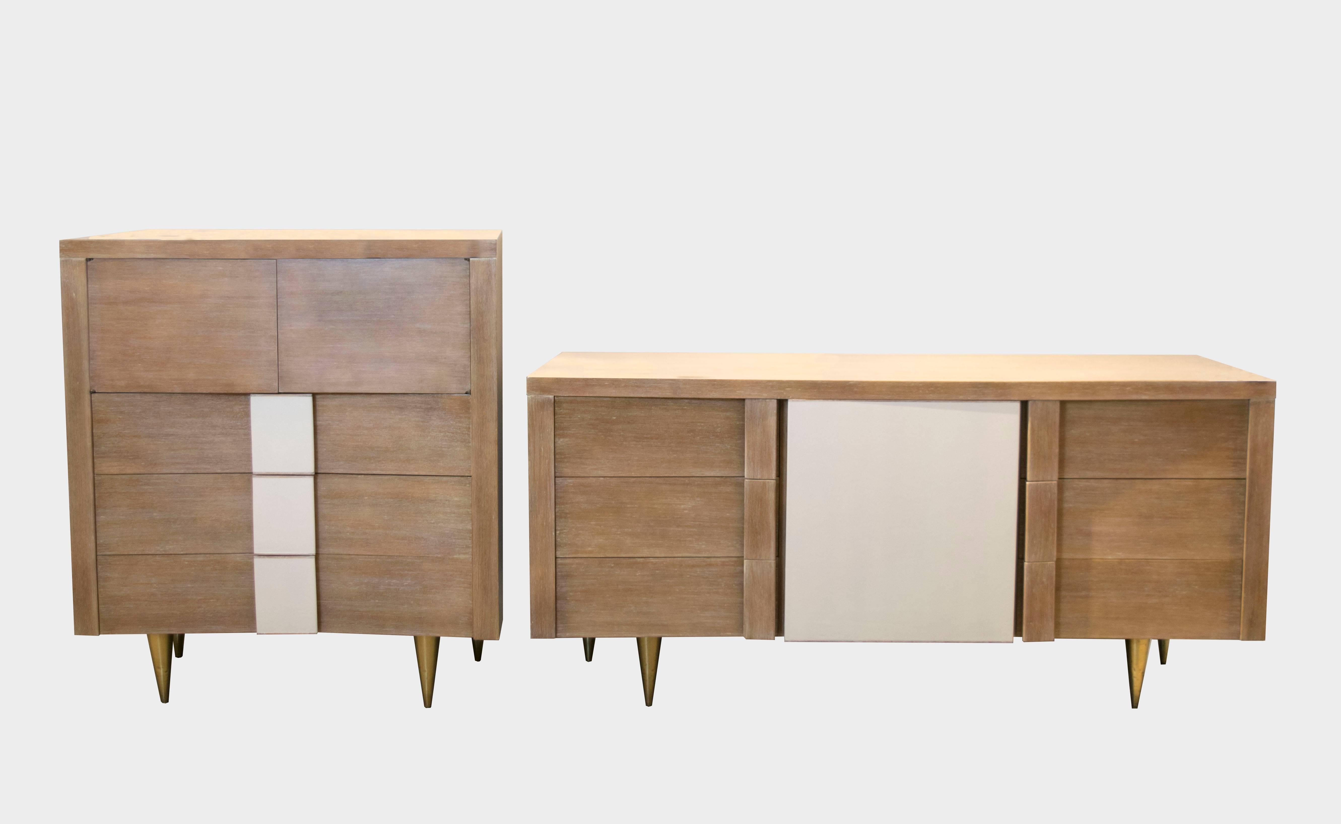 This gorgeous Mid Century Italian style mahogany bedroom set with tapered brass legs is highly unusual and we have not been able to find another like it. Its labeled Vanleigh of New York but we have no information as to who designed it.  Made of