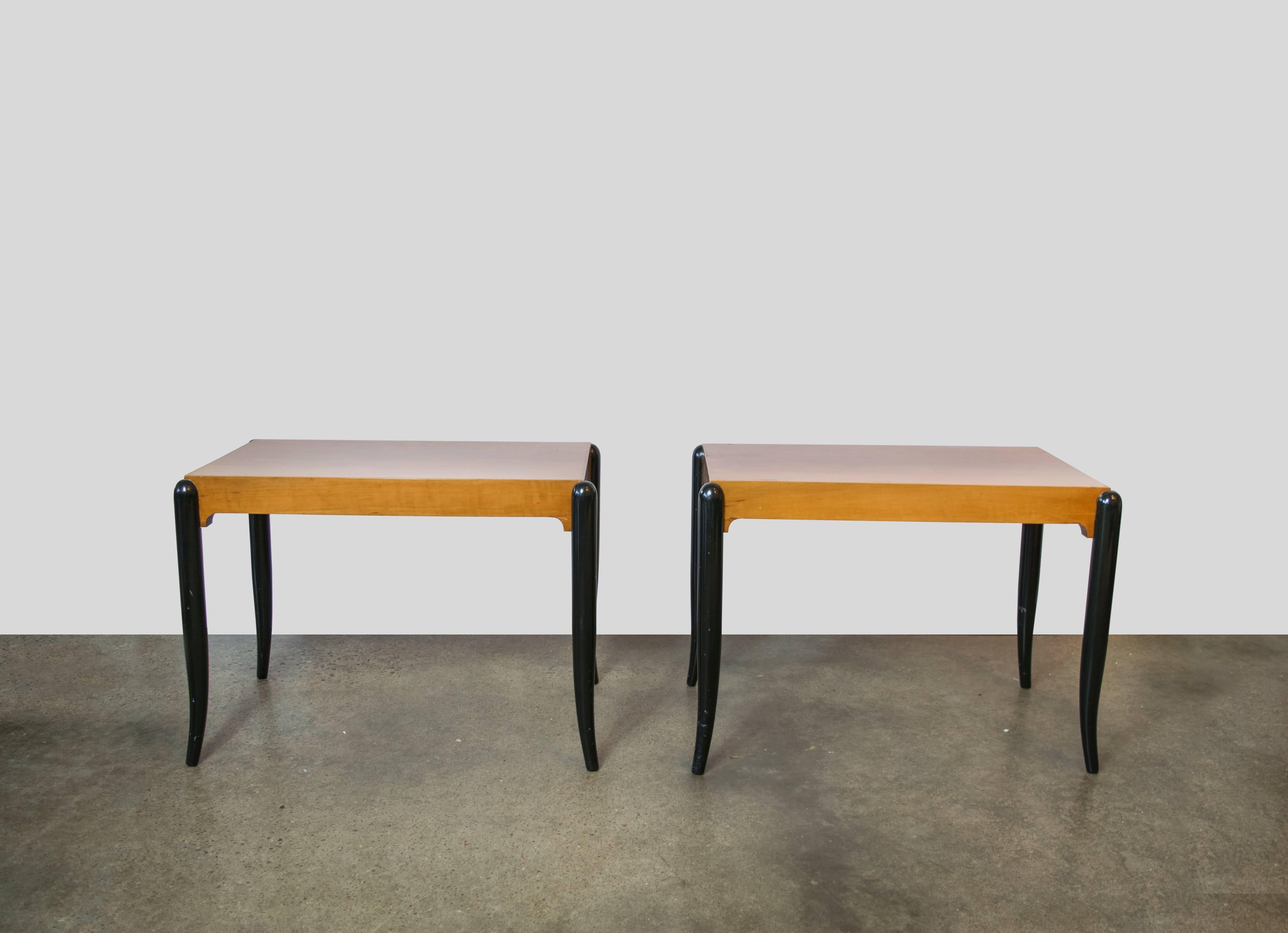 Mid-Century Modern French Moderne Side Tables in Black Lacquer and Mahogany For Sale