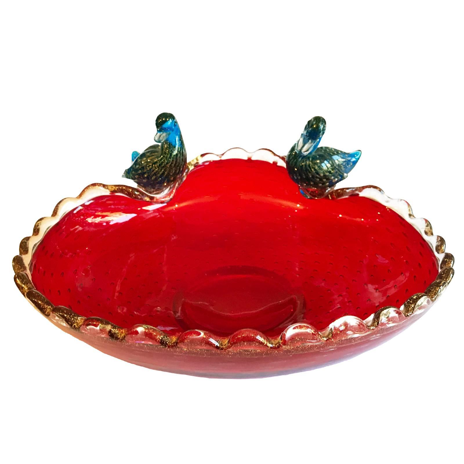 Archimede Seguso Murano Aventurine Pulegoso Glass Duck Bowl For Sale