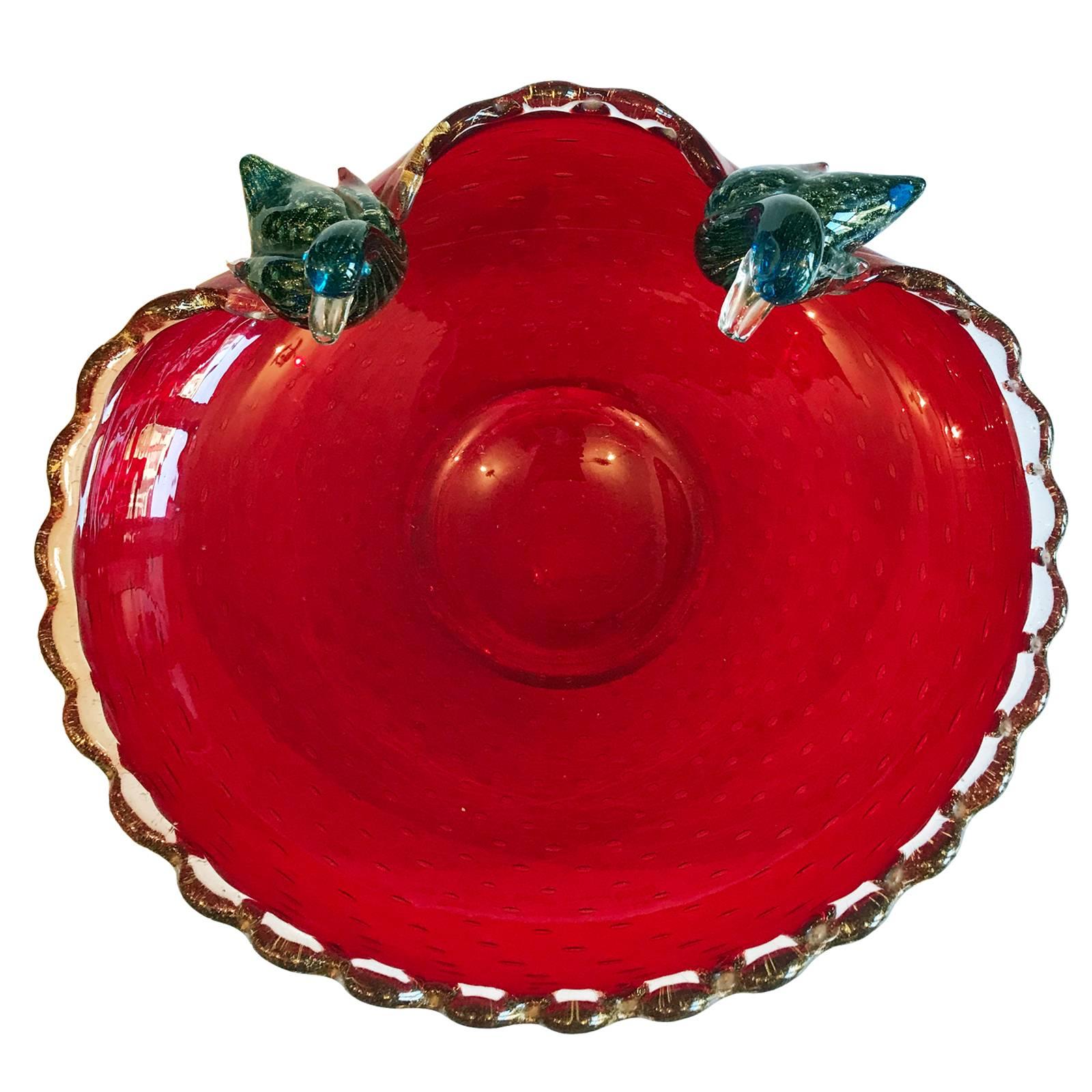 Stunning Pulegoso handblown bowl in deep ruby red glass, called 