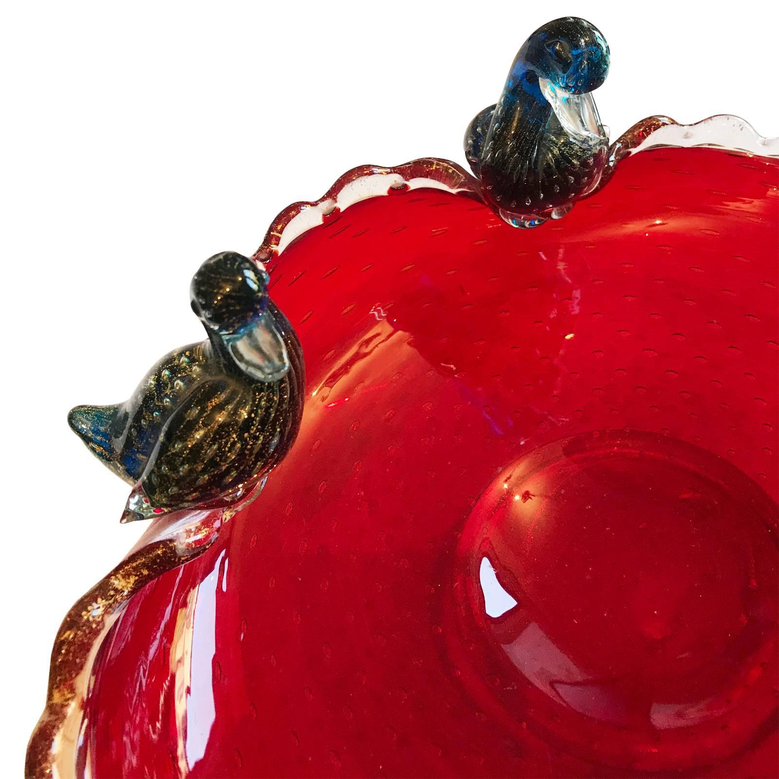 Italian Archimede Seguso Murano Aventurine Pulegoso Glass Duck Bowl For Sale