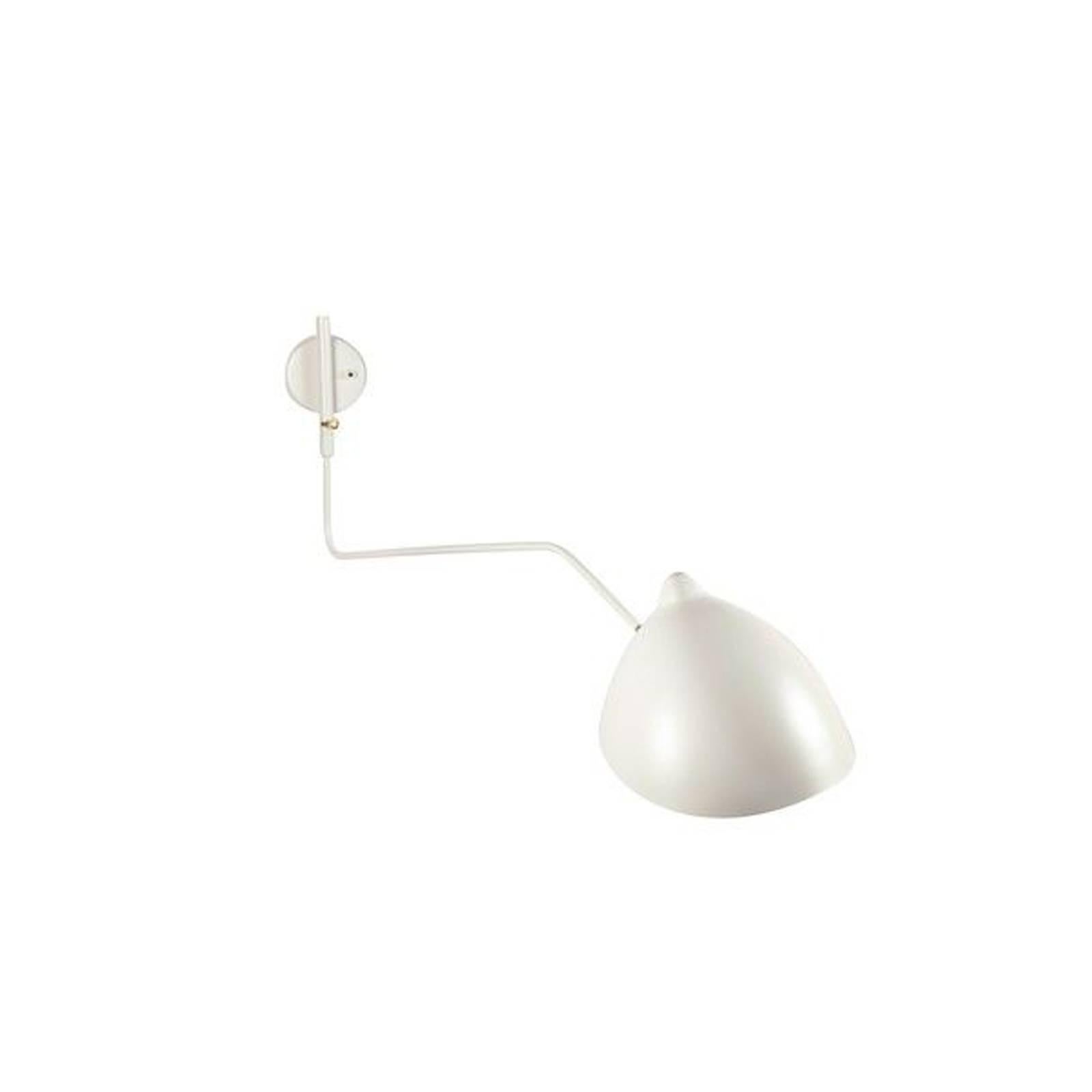 Pair of white wall lamps mounted on thin carbonized steel arms with a full range of swing from side to side. The bulb is contained within a white metal shade that can swivel as well.