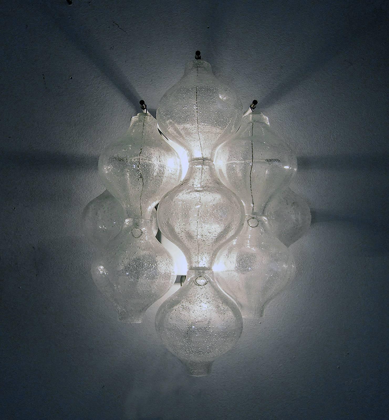 Kalmar Tulipan Onion Ice Glass Wall Sconces each with nine blown glass onions on a white frame with two E14 bulbs. Best of design from the 1960s by J.T. Kalmar, Austria.