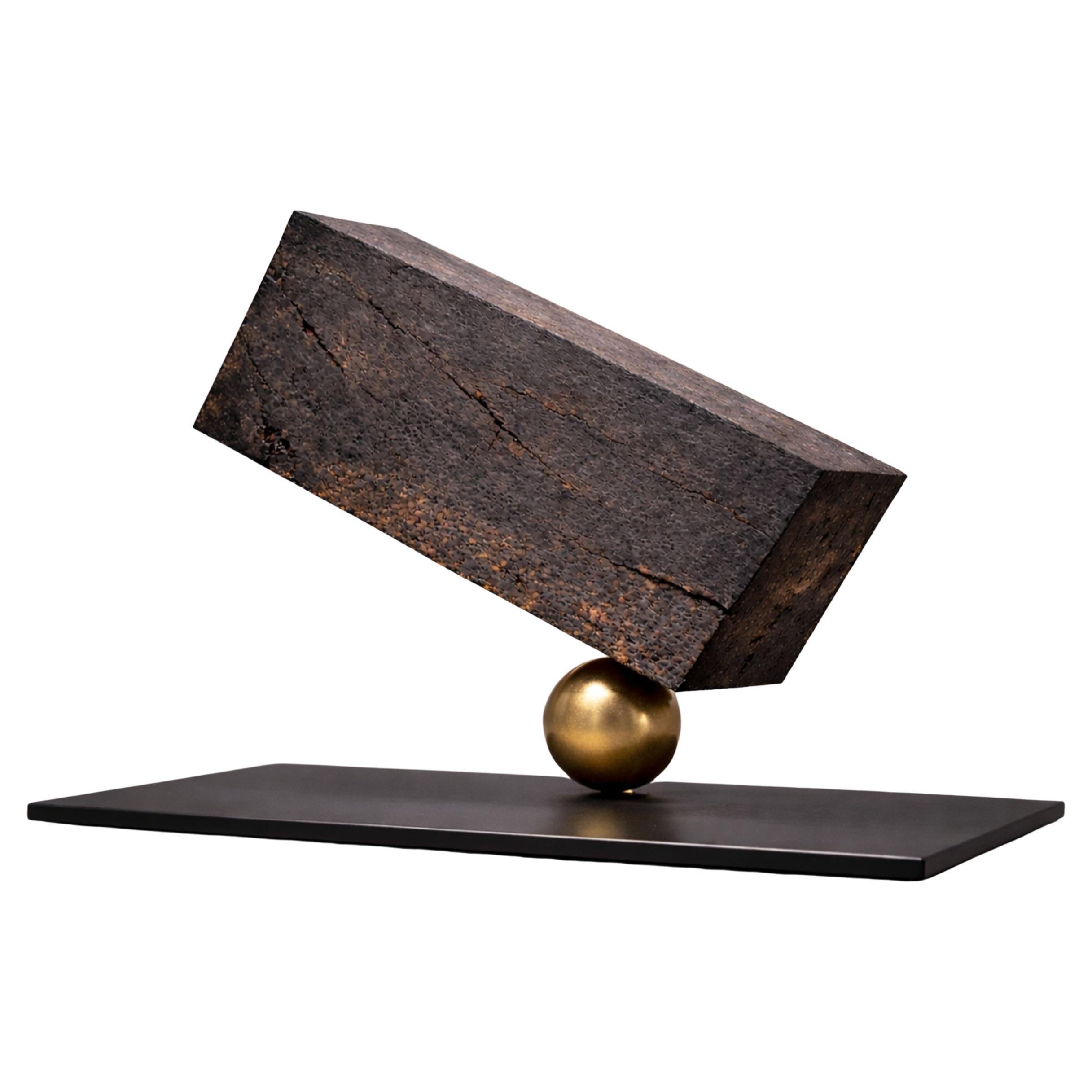 Matéria Escura Sculpture, Suspended Charred Wood, Satin Brass Sphere, Steel Base For Sale