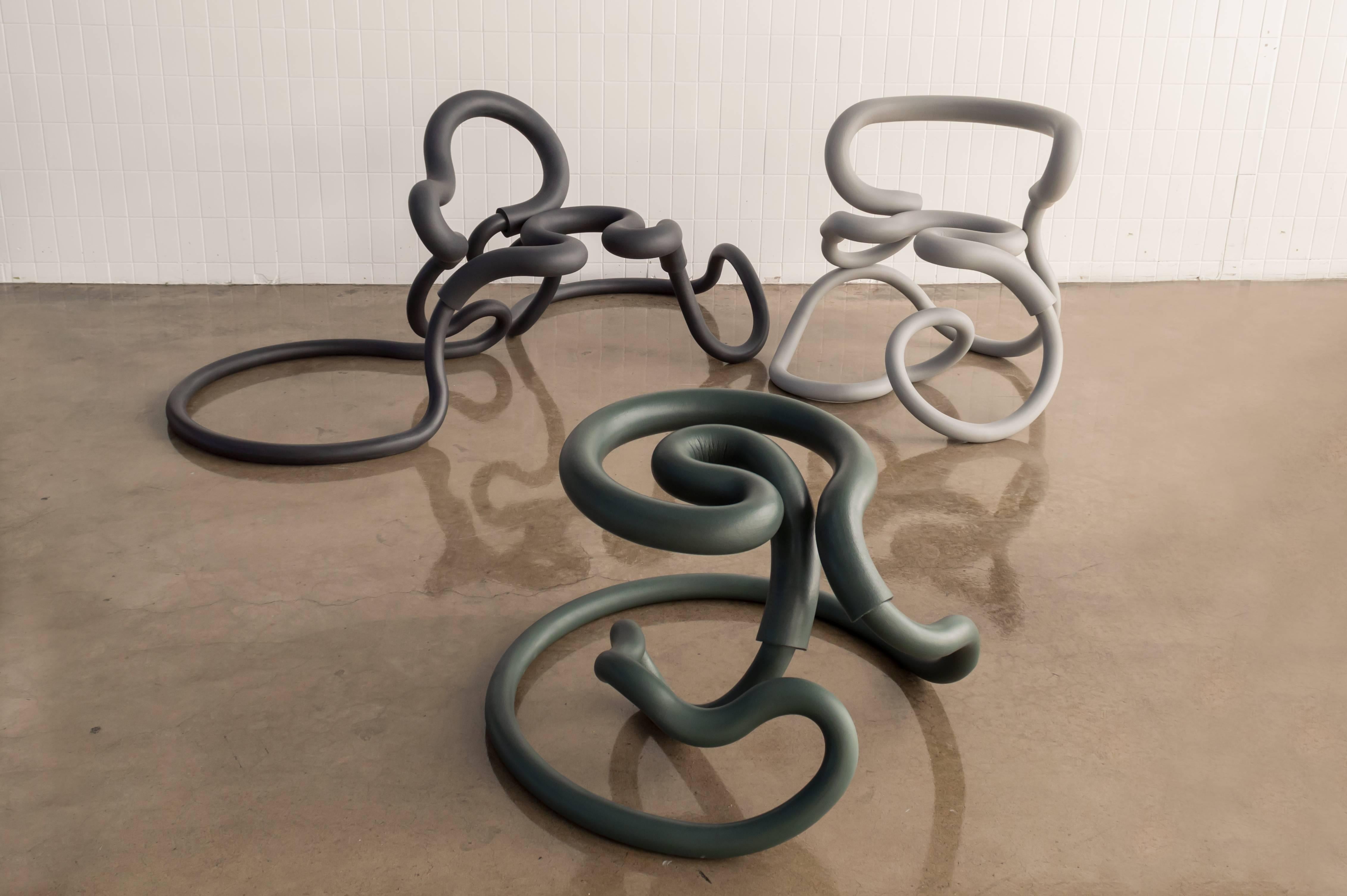 Aranda\Lasch continues to explore and test out various furniture forms from their latest Railing Series, a series of design pieces that utilize bent tubes and furnished with leather of foam outside. Railing Chair (R1 and R2) and Railing Stool (R3)