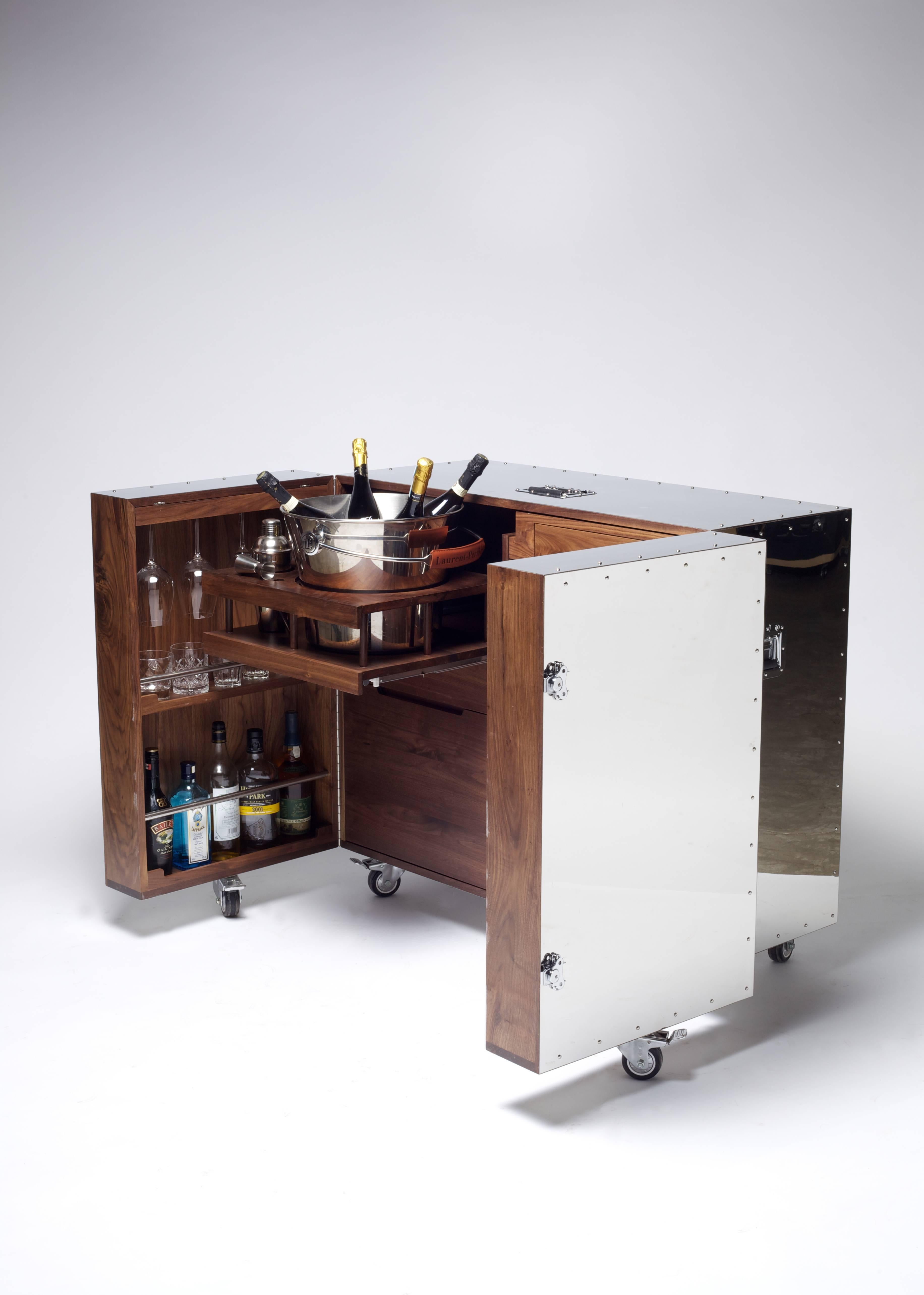 Chinese Mobile Bar and Wine Cabinet in Walnut and Stainless Steel by Naihan Li