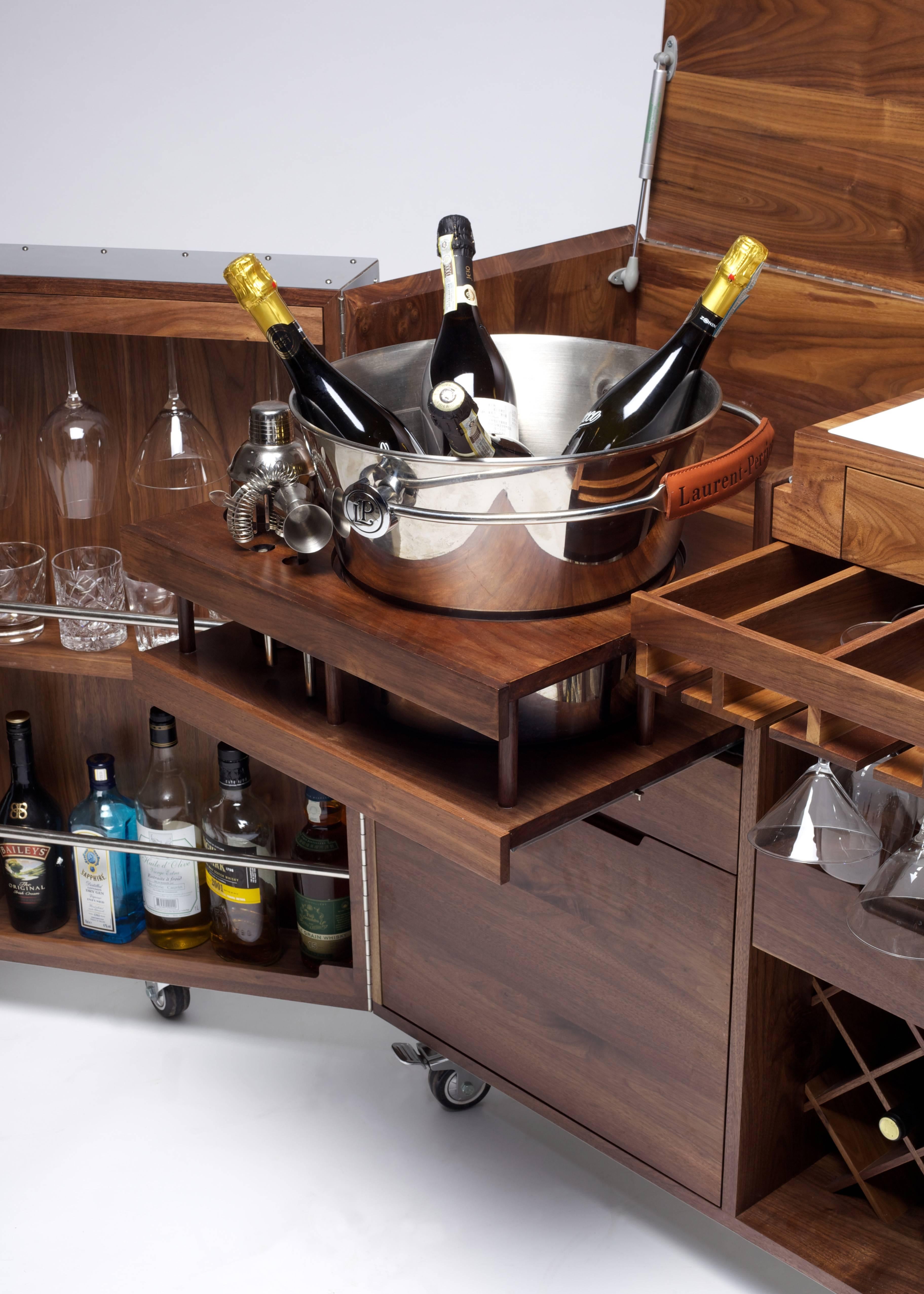 Mobile Bar and Wine Cabinet in Walnut and Stainless Steel by Naihan Li In Excellent Condition In Beverly Hills, CA