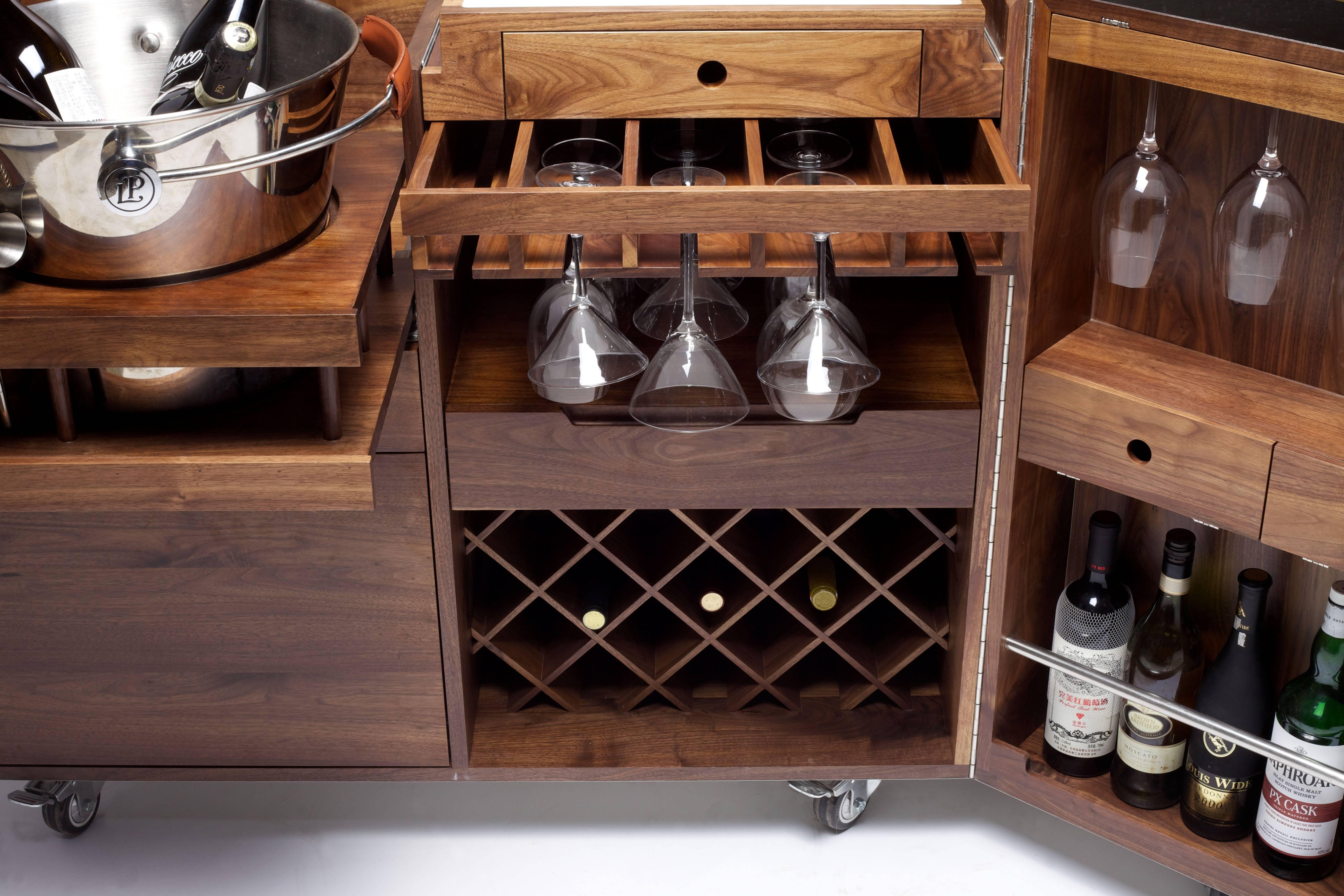 Mobile Bar and Wine Cabinet in Walnut and Stainless Steel by Naihan Li 3