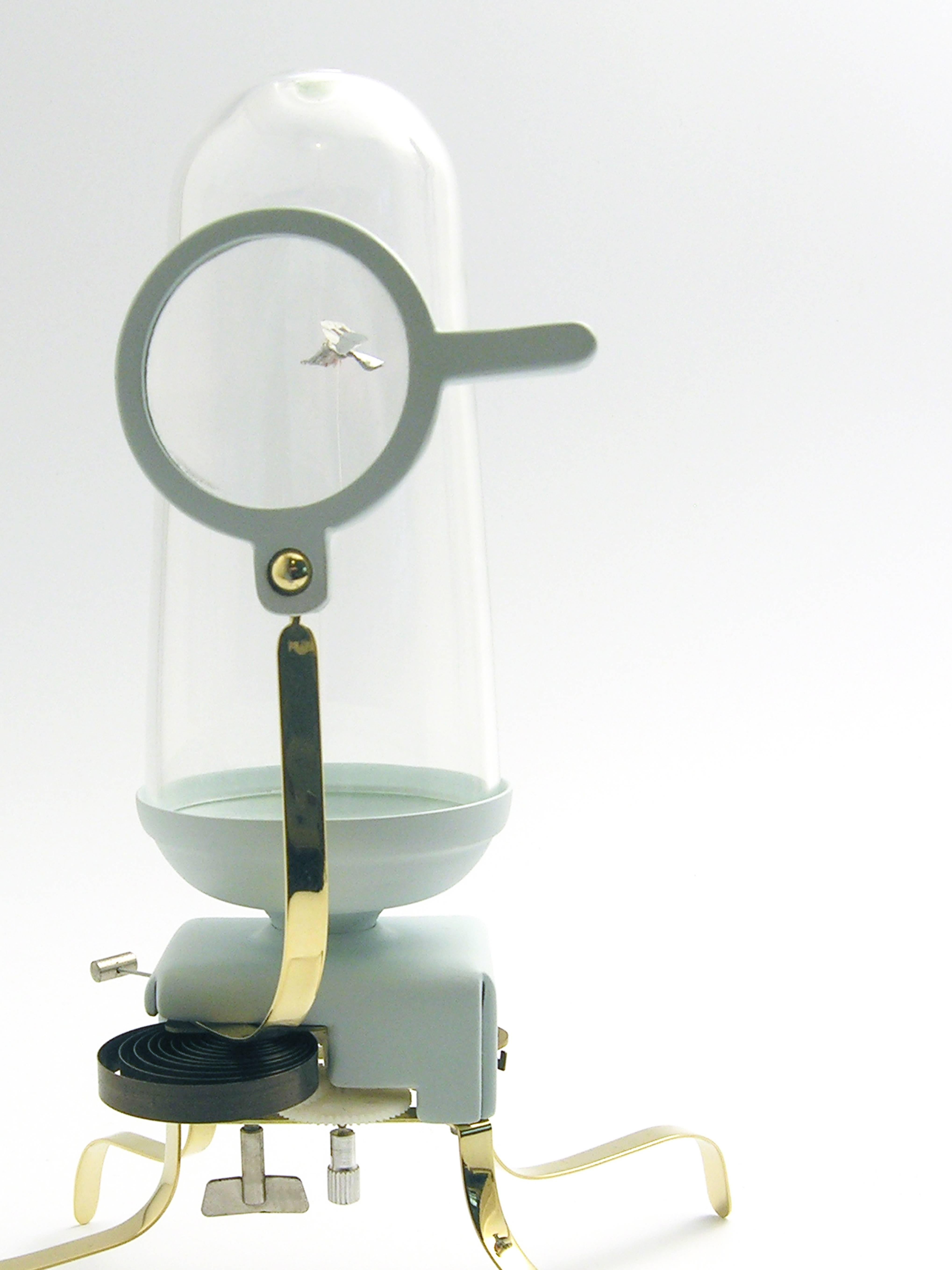 Watching time fly by illustrates a new way of experiencing time. This table-clock doesn't show you what time it is but allows one to see the passing of time. In the glass shell there is a fly, made out of a 500 euro bill, that flies exactly one