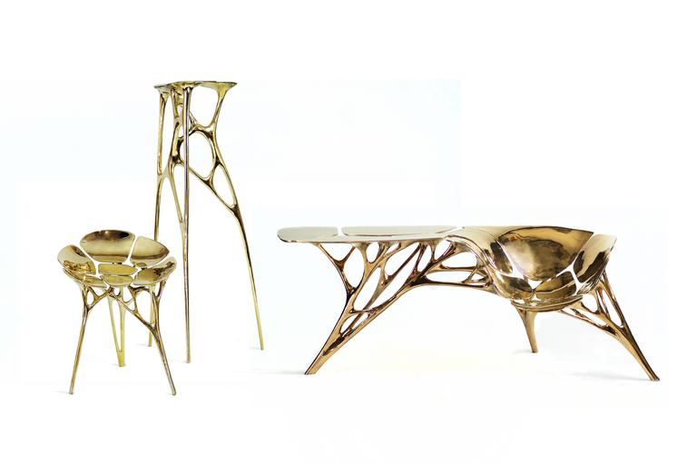 Polished Brass Lotus Console Table/Telephone Table/Entryway Table in