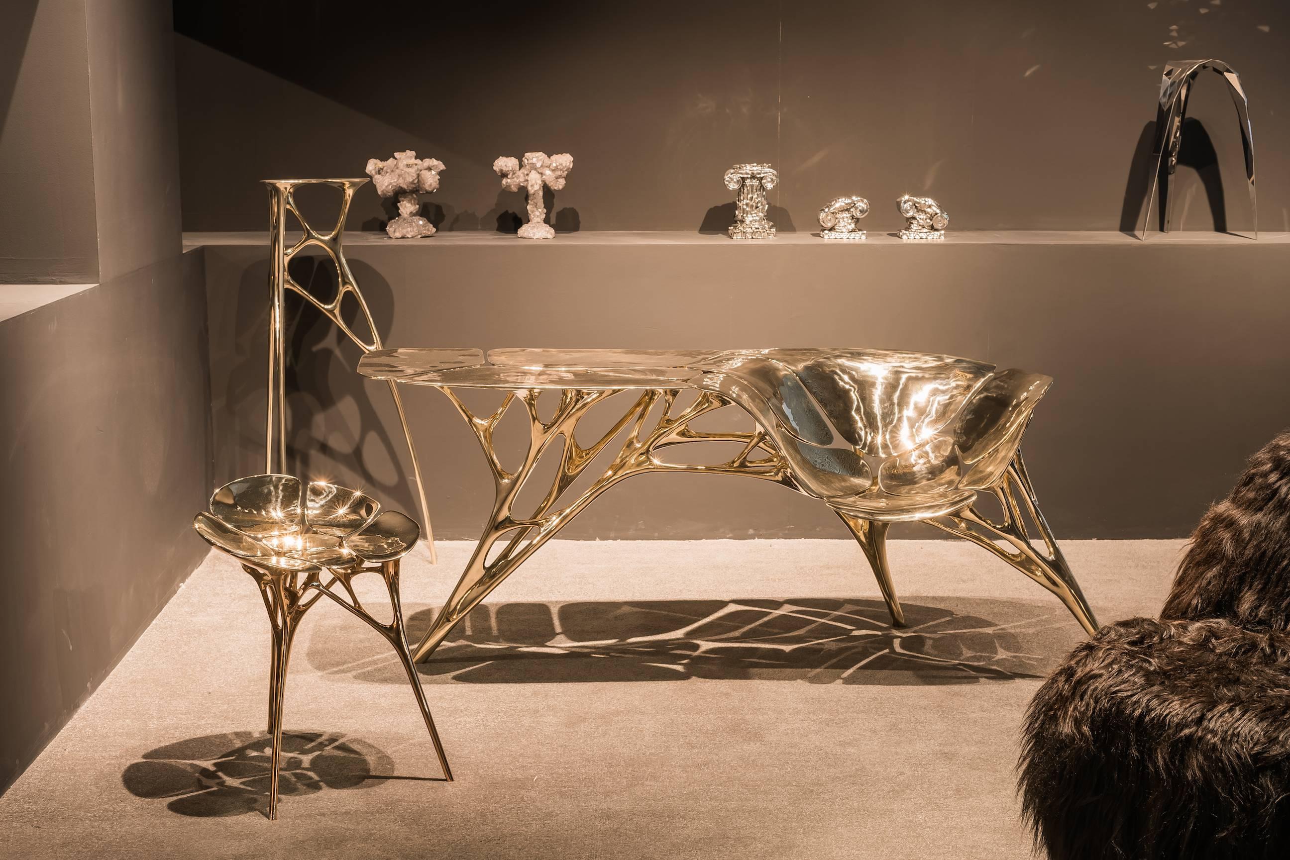Polished Brass Lotus Console Table/Telephone Table/Entryway Table in Gold Color In New Condition In Beverly Hills, CA