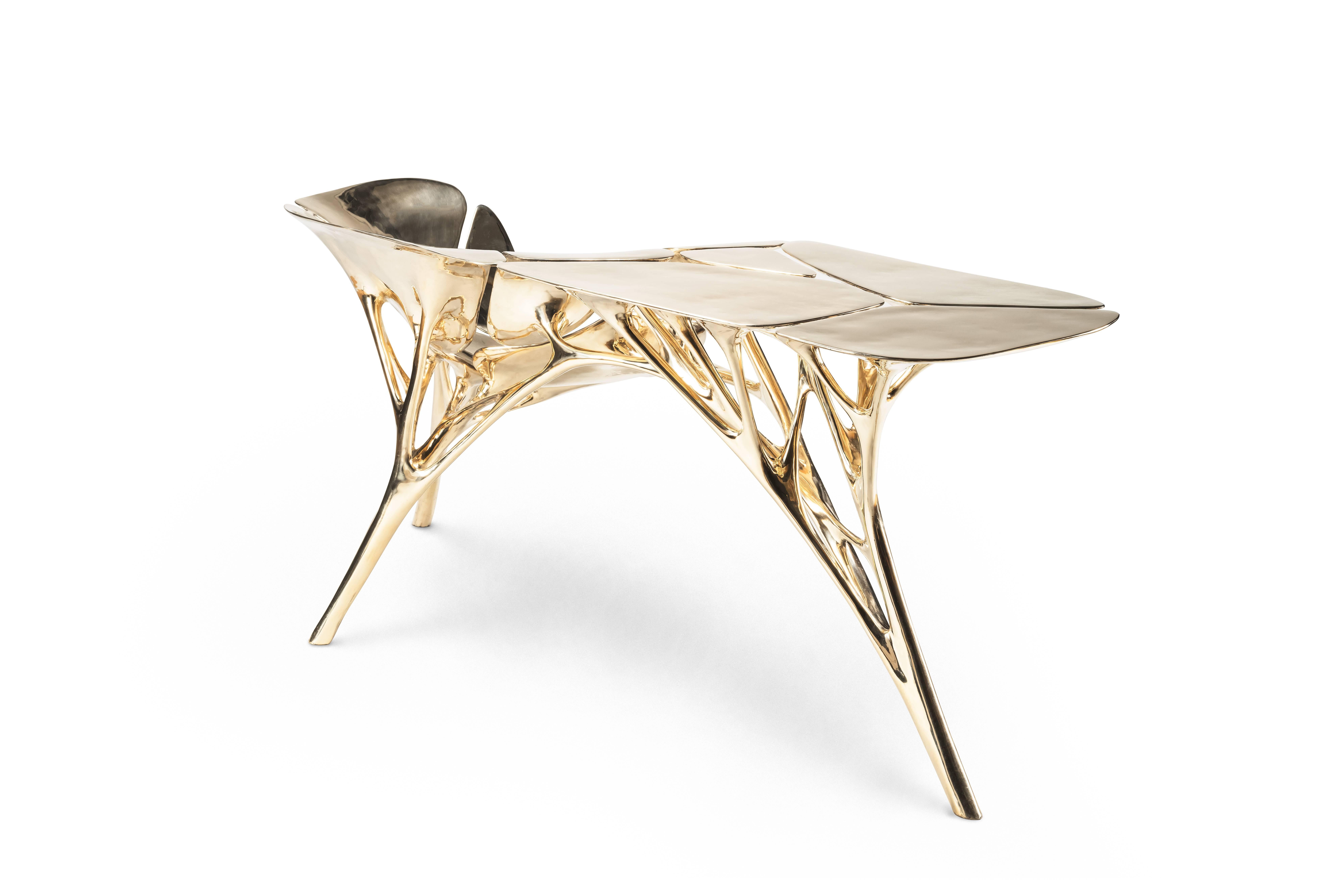 Bronze Polished Brass Lotus Console Table/Telephone Table/Entryway Table in Gold Color