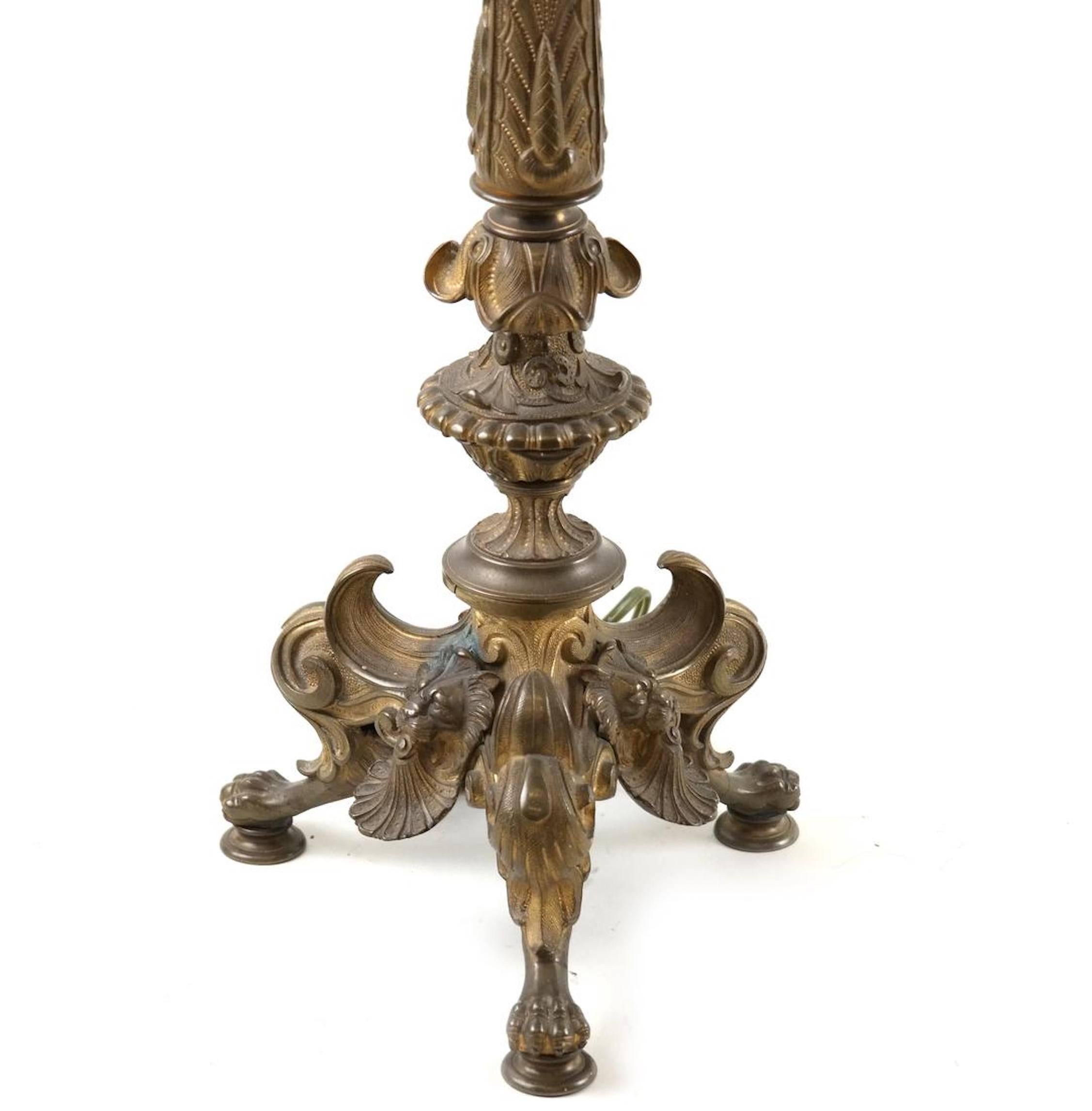Patinated and gilt bronze table lamp in the Charles X taste, double cluster socket, c. 1930.