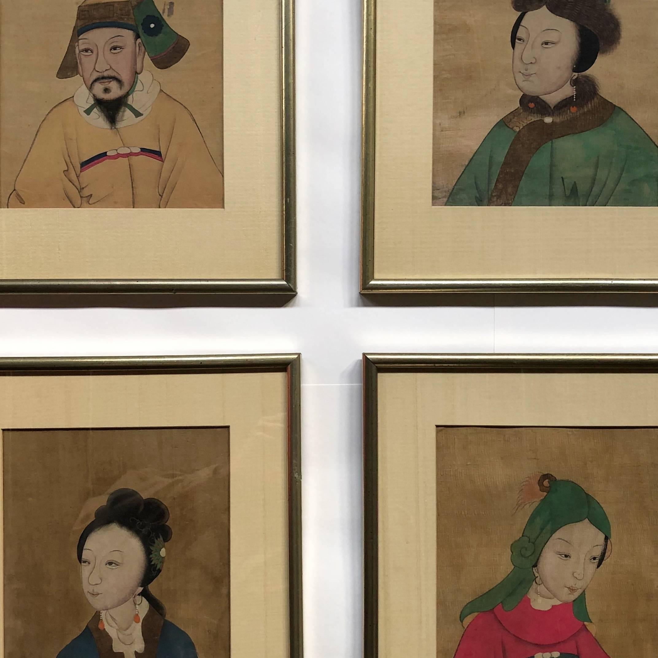 Set of eight Chinese ancestral portraits- all matted and framed behind glass.