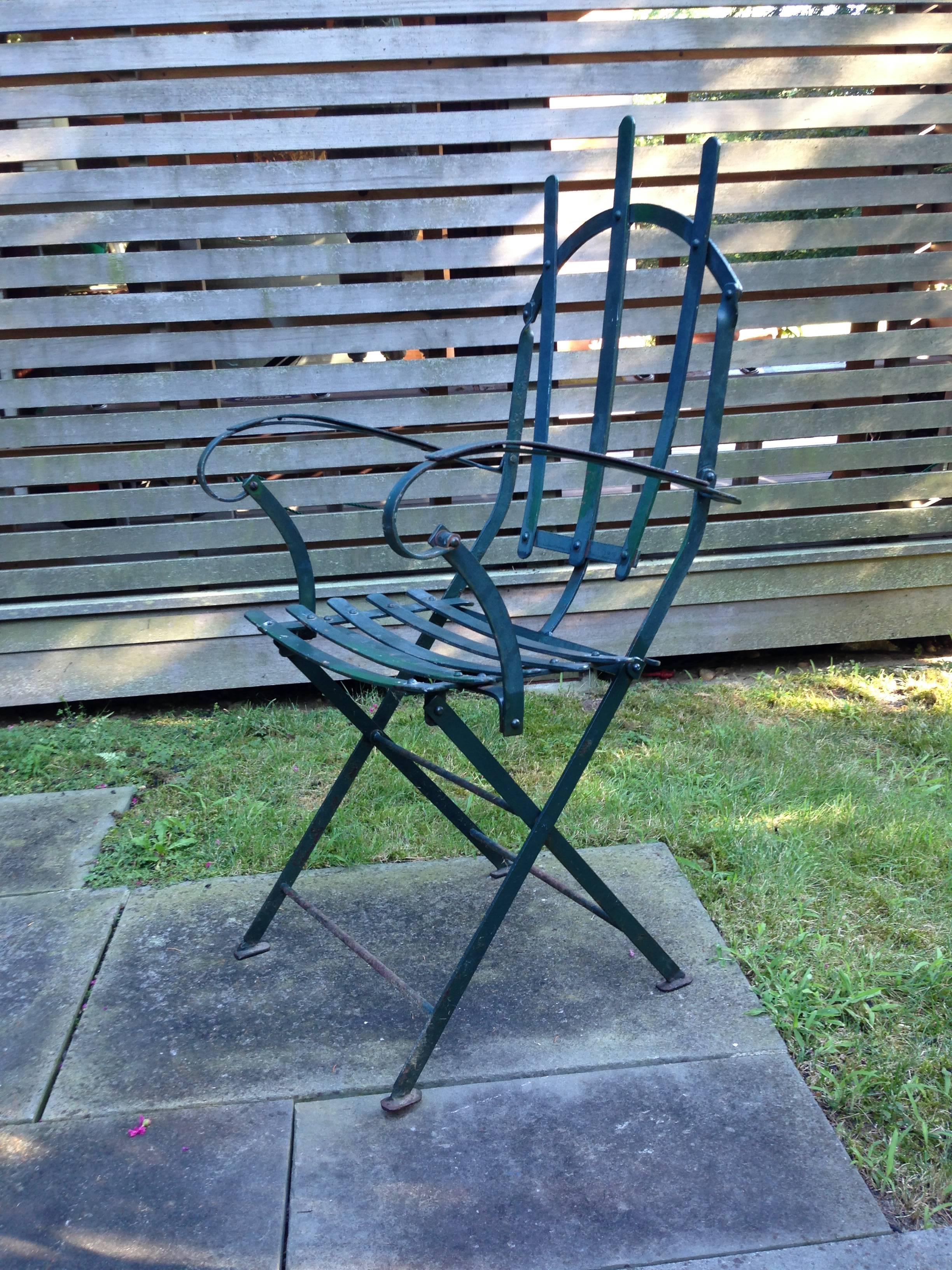 Campaign Rare Set of Four Steel Garden Chairs, Early 20th Century For Sale