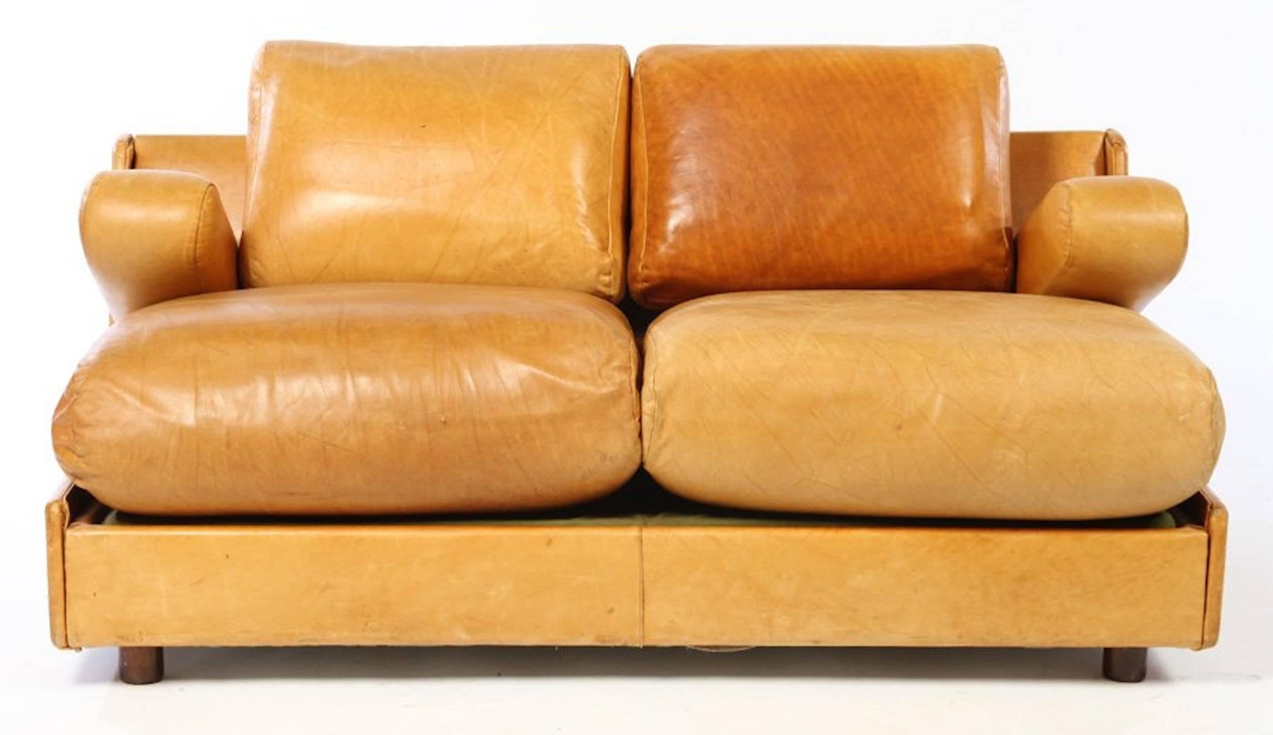 Mid-Century Modern Italian Leather Sofa with Articulated Armrests, 1970