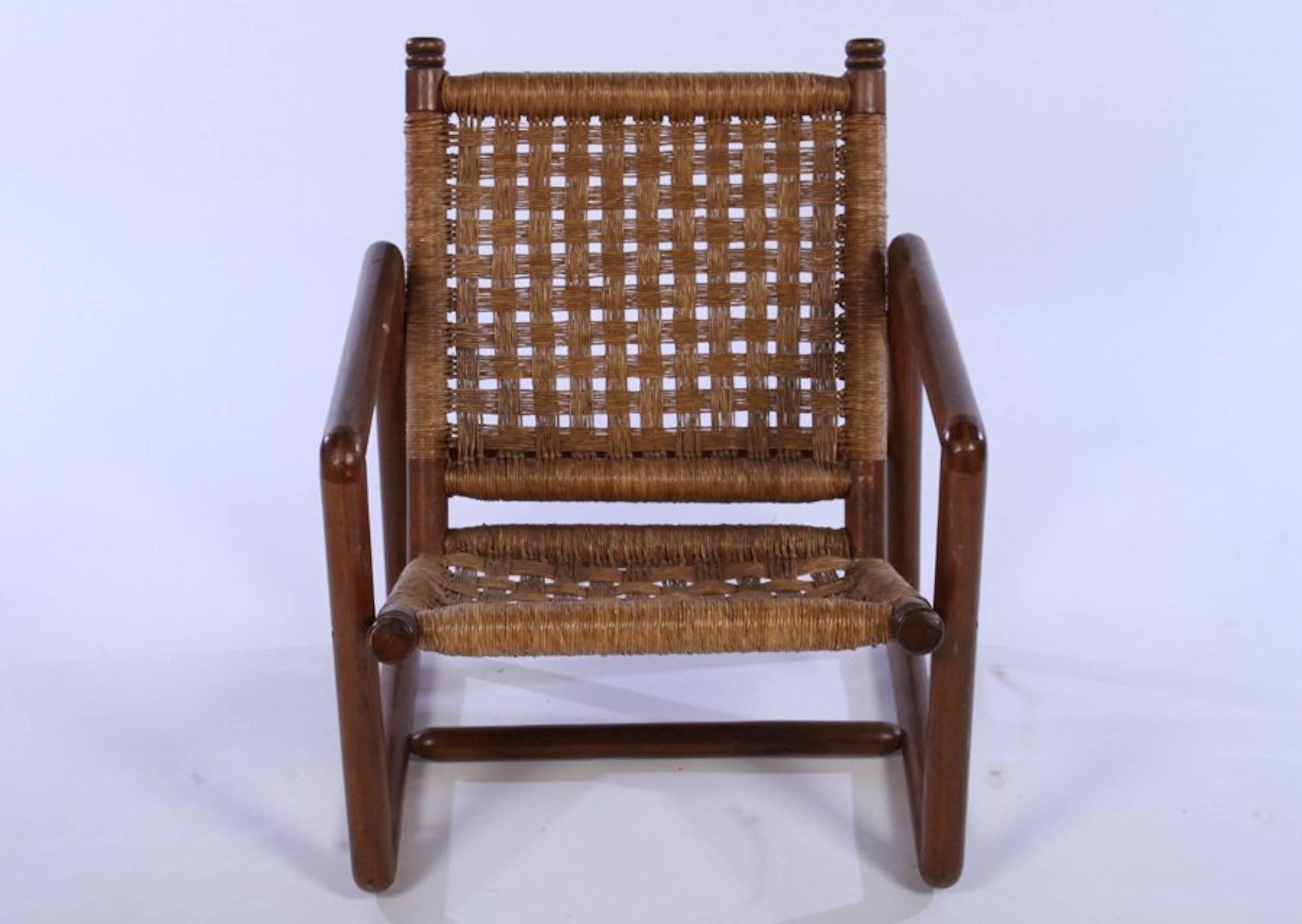 Modern Pair of French Woven Rush Lounge Chairs, 1960