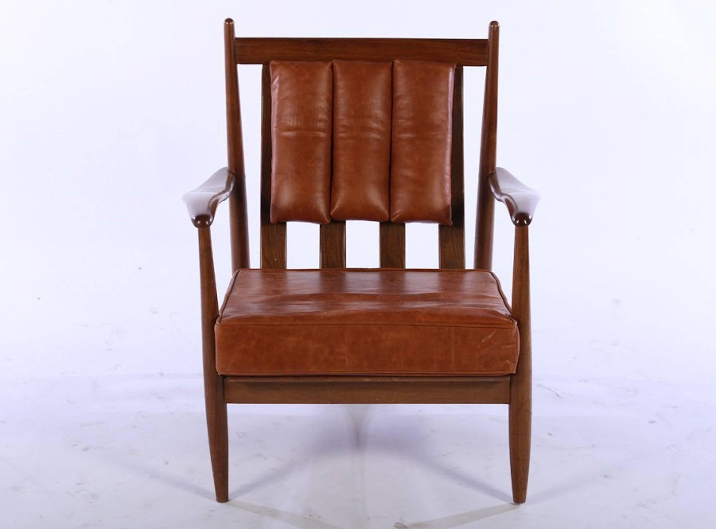Scandinavian Modern Pair of Danish Channeled Leather Lounge Chairs