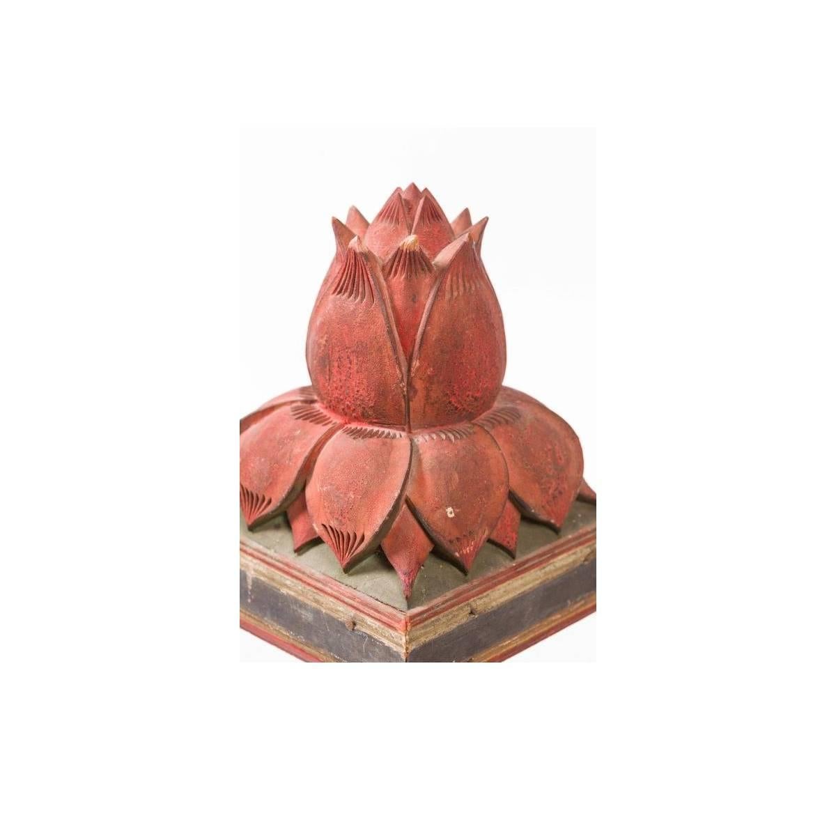 Pair of Asian lotus form finials. Carved and painted wood.

Dimensions: 8" H x 6" D x 6" W.