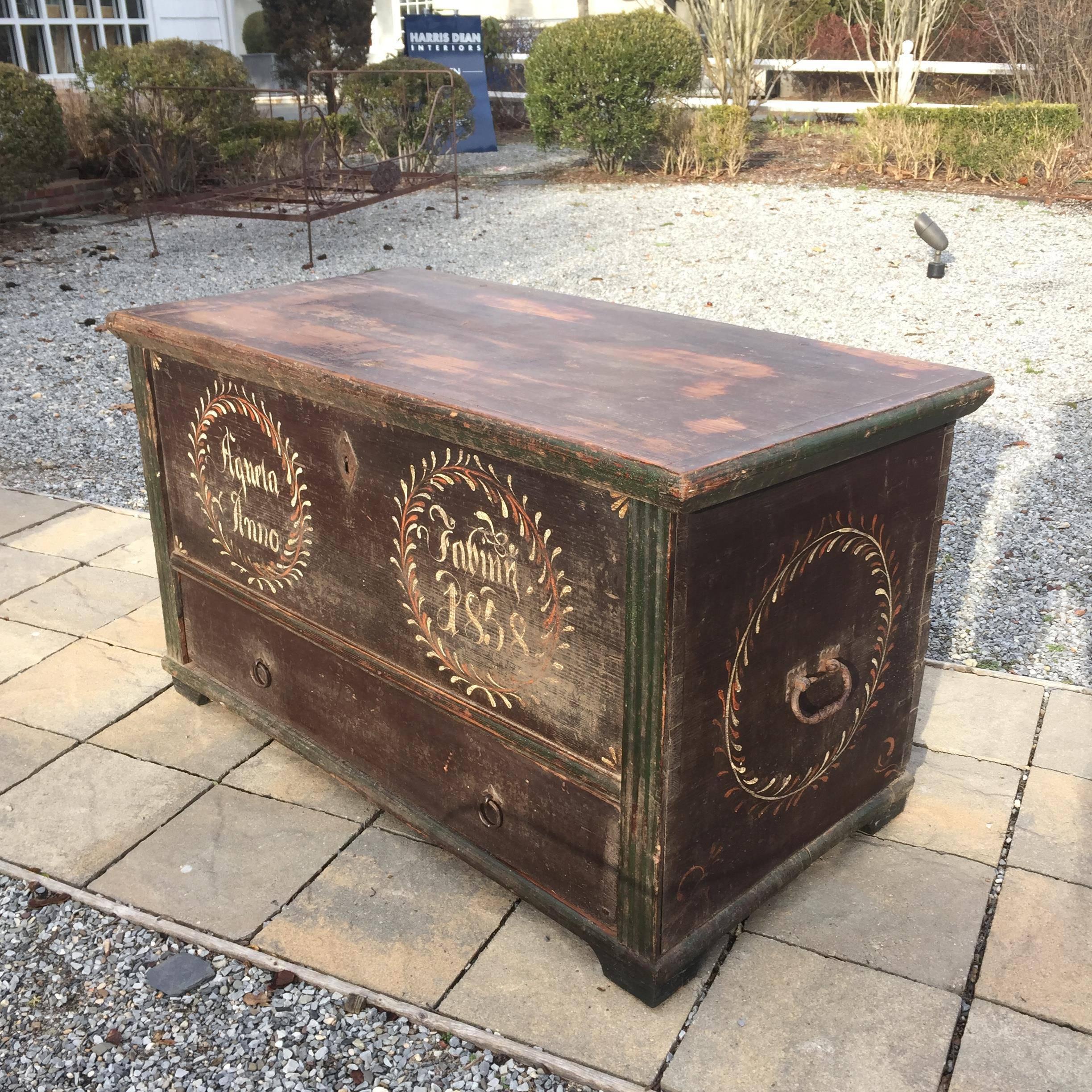 Gustavian Tall 19th Century Painted Swedish Marriage Chest