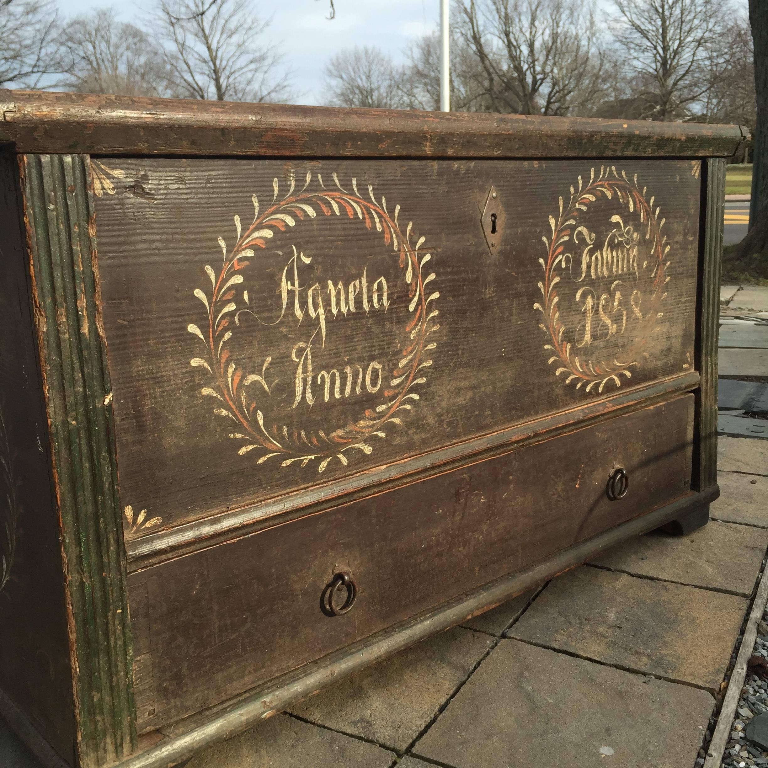 Tall 19th Century Painted Swedish Marriage Chest In Excellent Condition In Southampton, NY