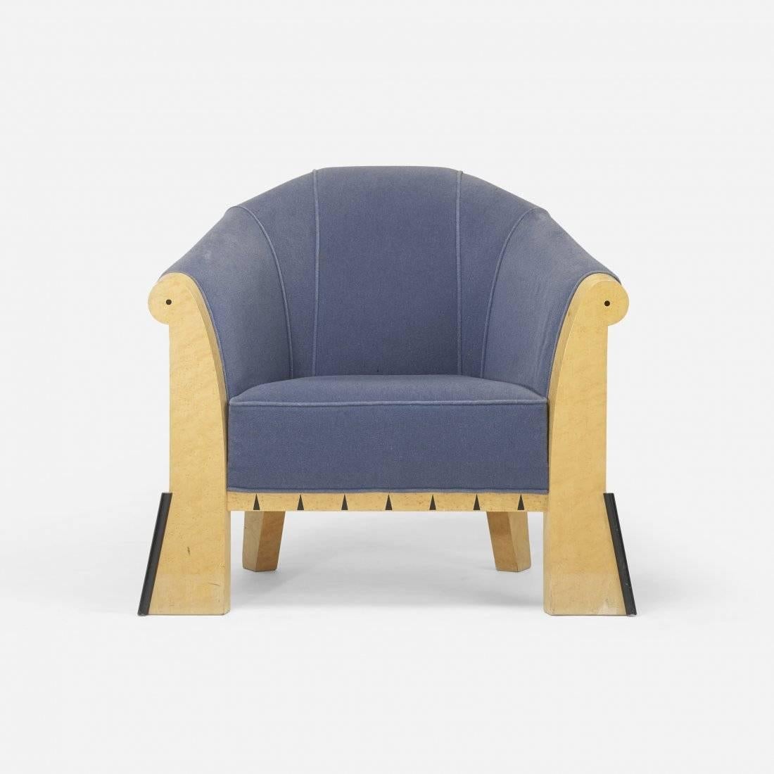 Michael Graves (1934-2015),
lounge chair.
Sunar Hauserman,
USA, 1980.
Maple burl, upholstery, lacquered wood.
Measures: 34 W x 31 D x 29.5 H inches.