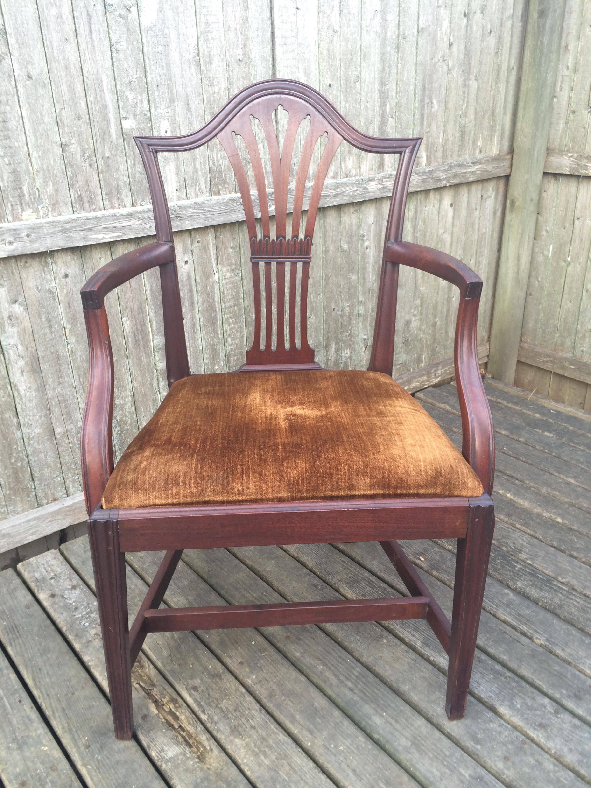 Mahogany armchair, silk velvet upholstered seat. England, circa, 1780.