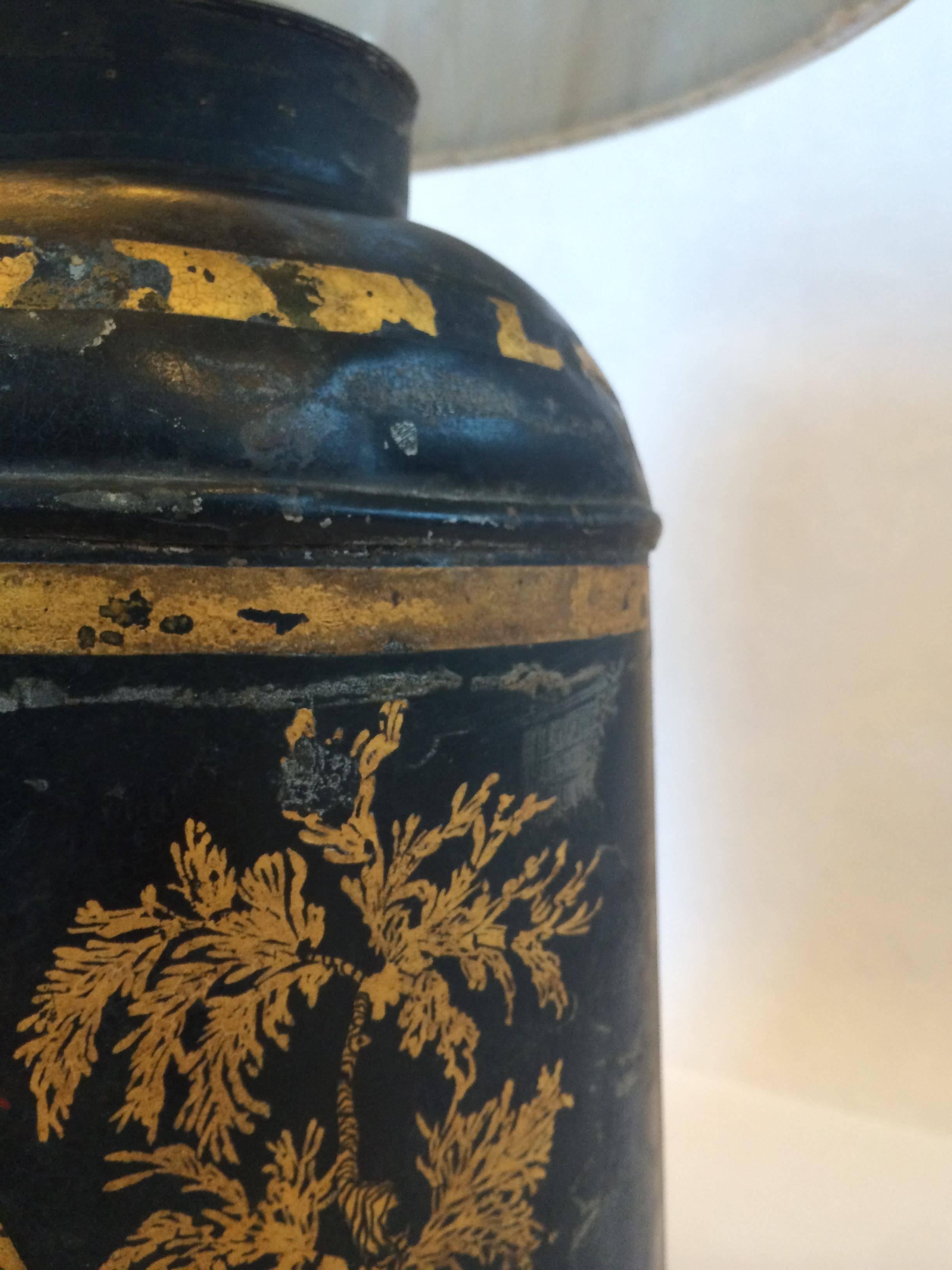19th Century English Tole Tea Canister Lamp In Excellent Condition In Southampton, NY
