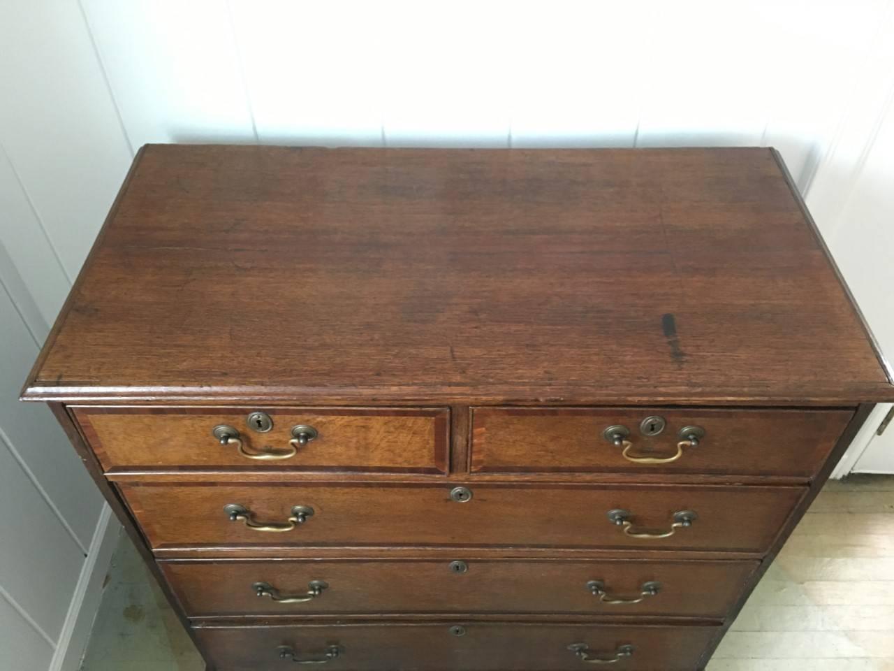 English George III Tiger Oak Chest with Mahogany Banding 1