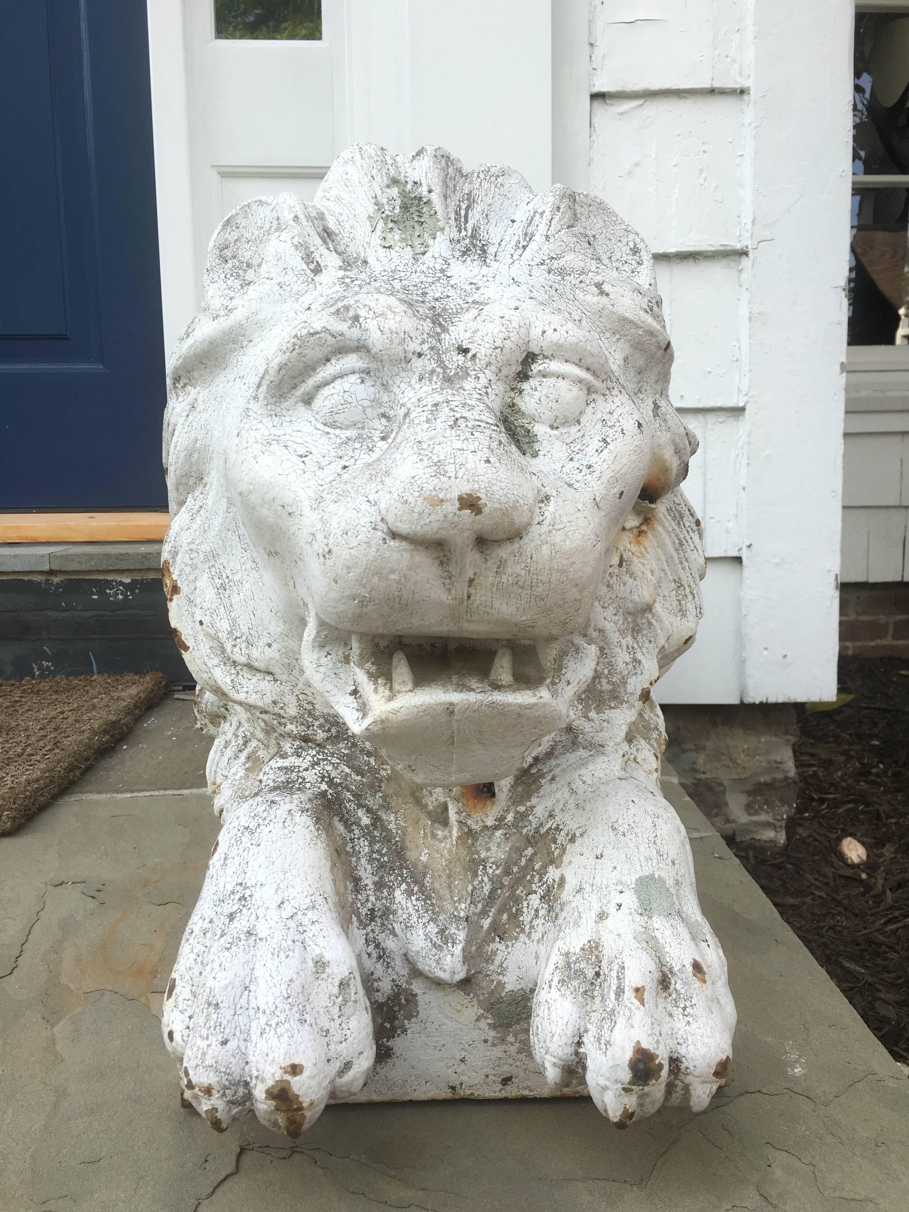 Pair of English Cast Iron Recumbent Lions, circa 1880 In Excellent Condition In Southampton, NY