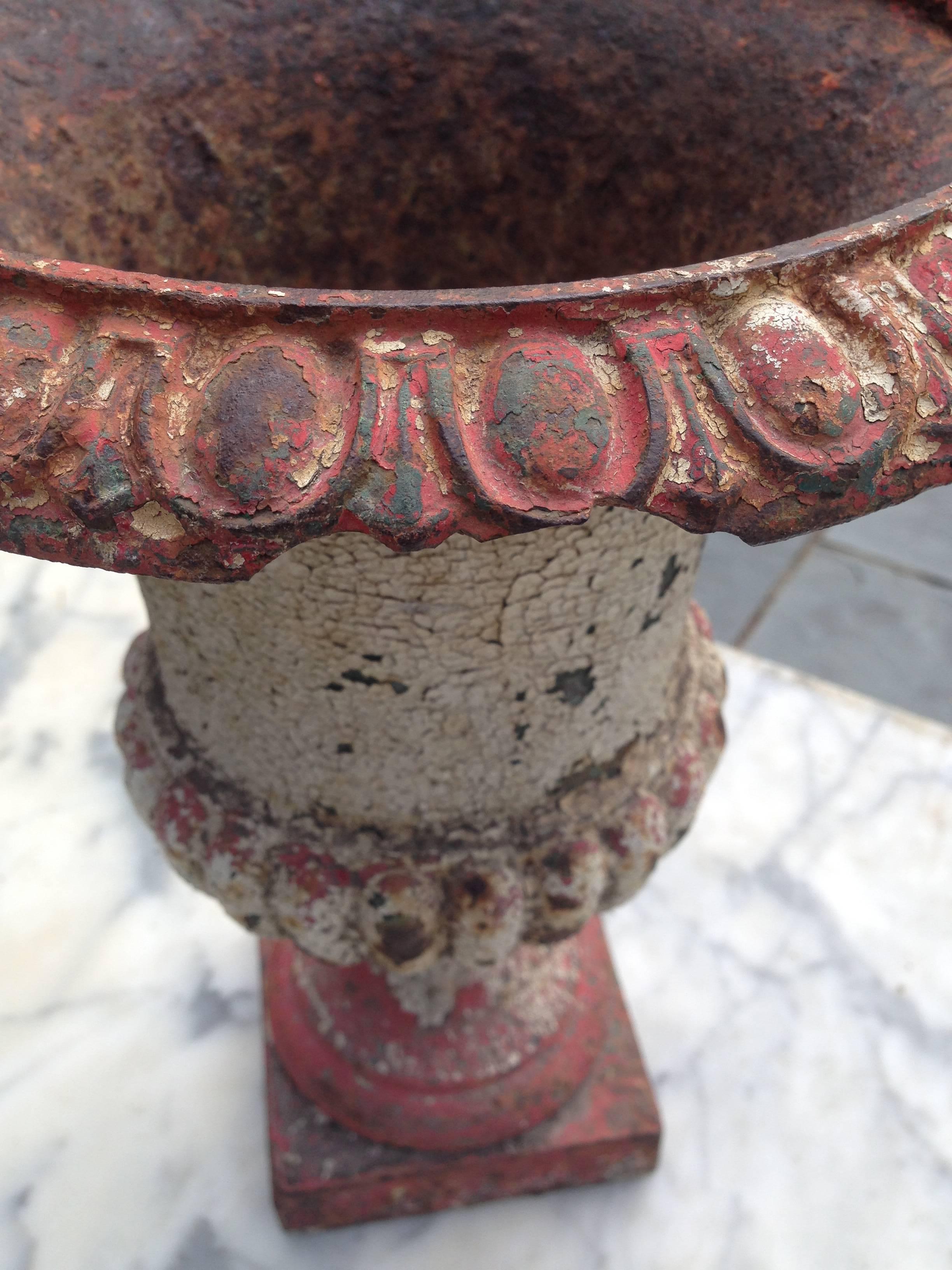 Neoclassical French Antique Painted Cast Iron Garden Urn