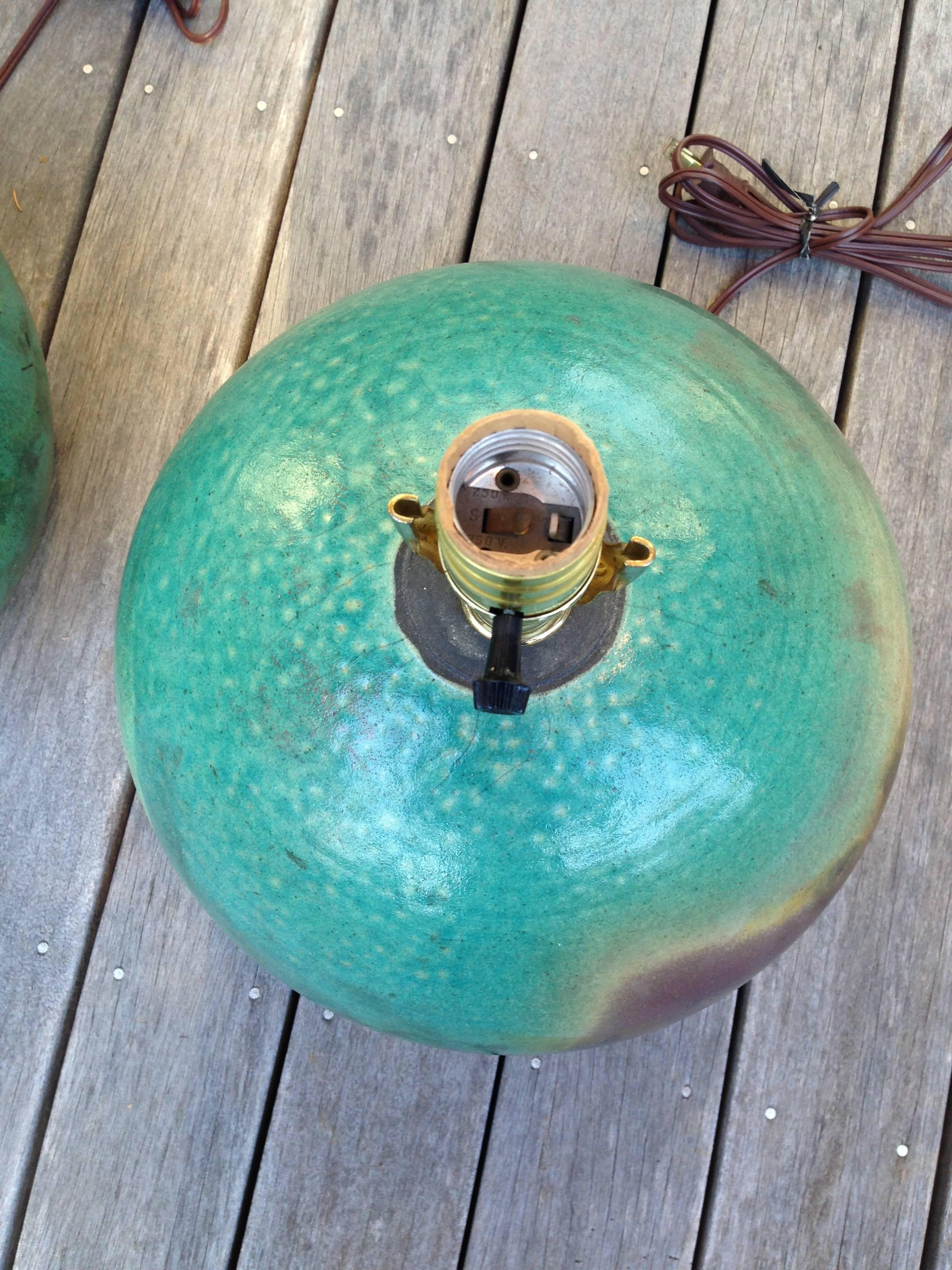 Mid-Century Modern Pair of Raku Pottery Lamps