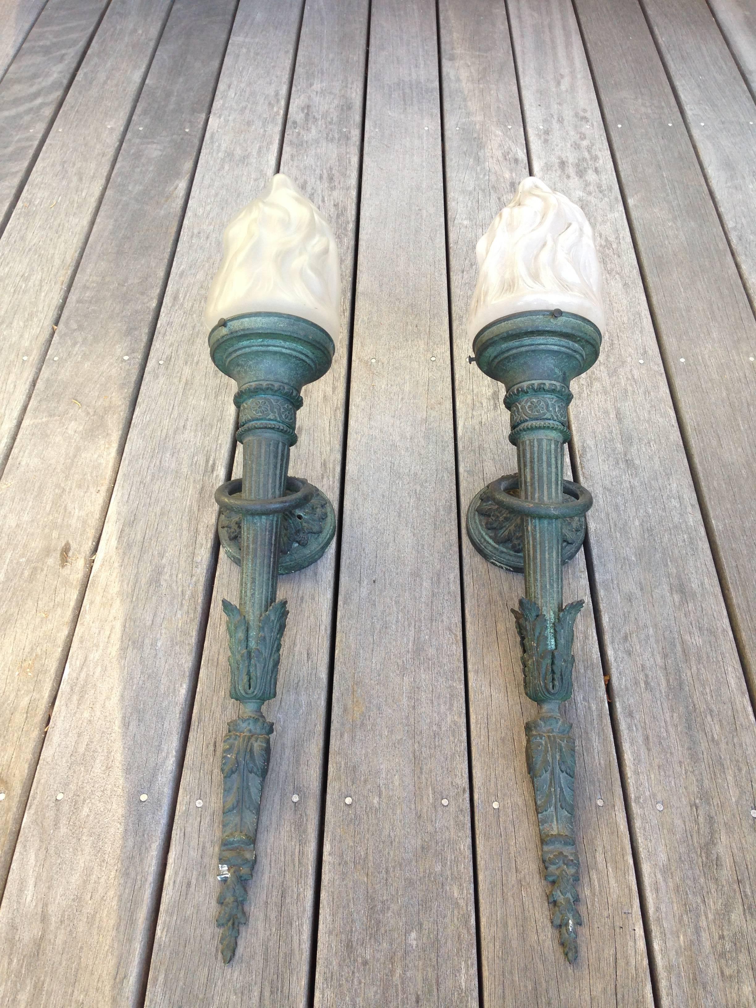 Molded Pair of Beaux Art Torch Sconces For Sale