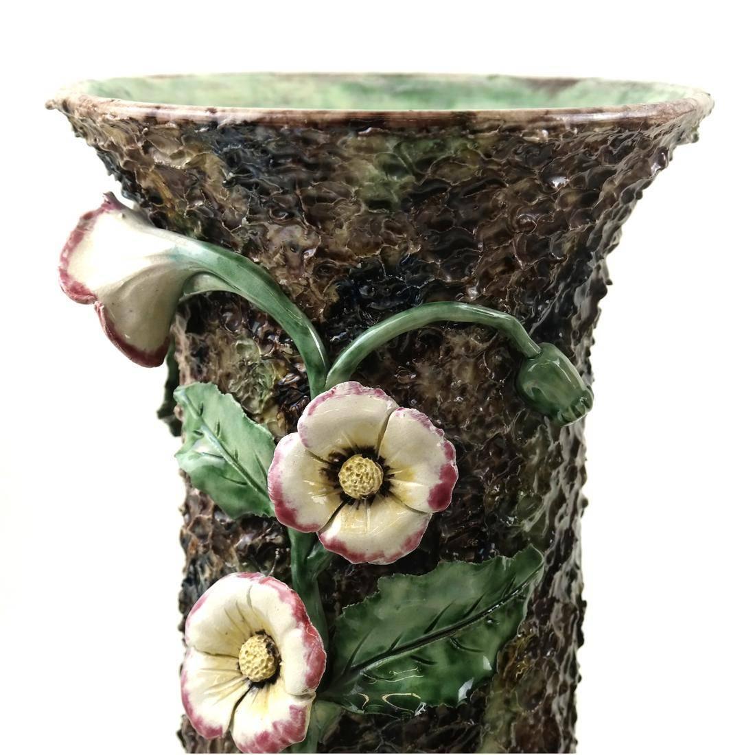 Majolica Pottery Pair of Palissy Ware Floral Vases, Europe, Late 19th Century For Sale
