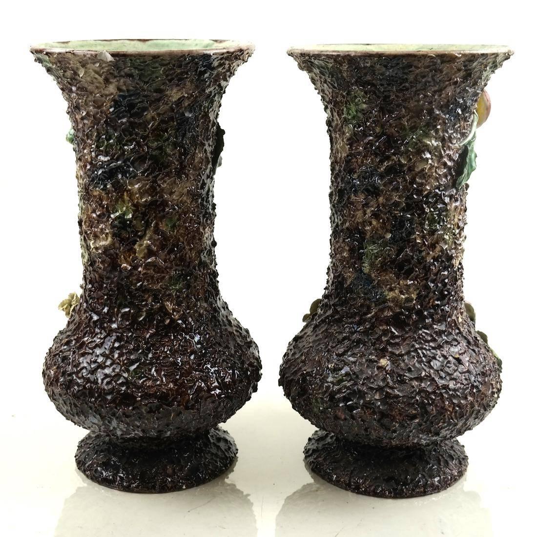 Pair of Palissy Ware Floral Vases, Europe, Late 19th Century In Excellent Condition For Sale In Southampton, NY