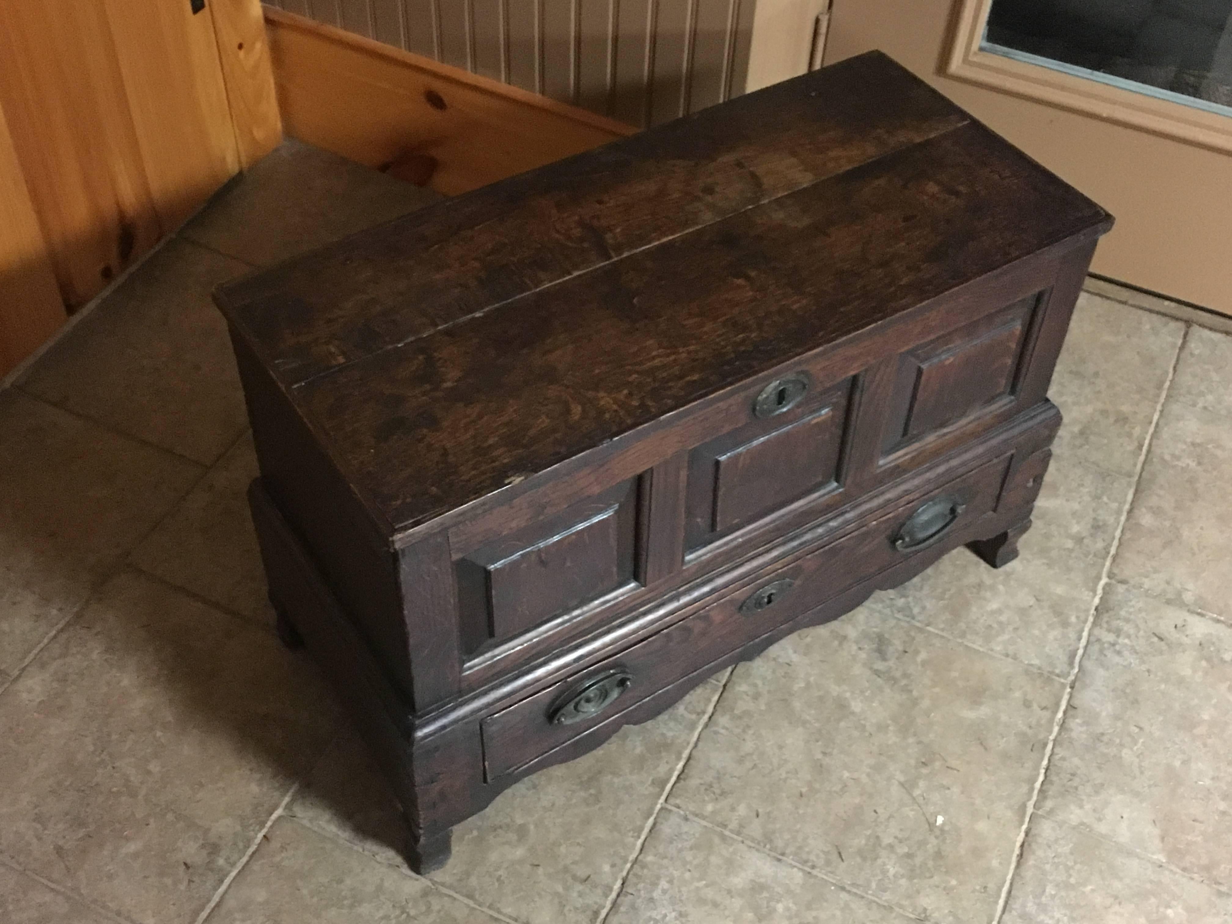Early 19th century primitive oak chest, UK. Lid top, raised panel front above single drawer and shaped apron.