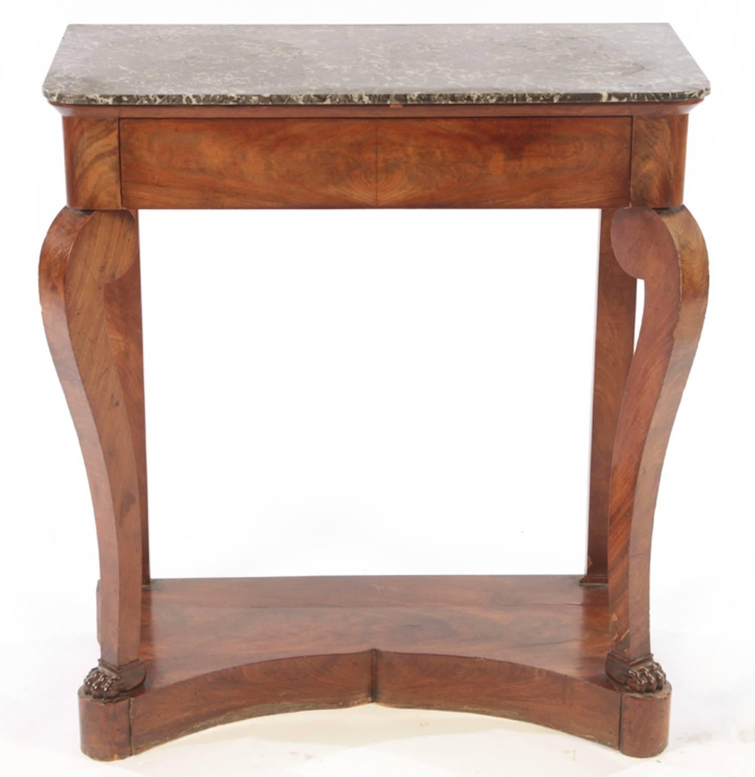 French mahogany Louis Philippe console table with marble top, one drawer.