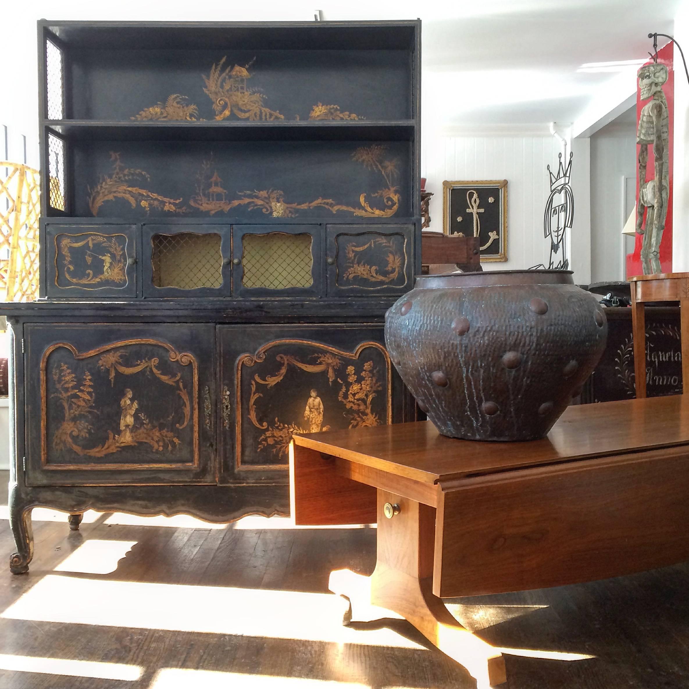 Louis XV French style chinoiserie cabinet- could be utilized as a secretary, bar or bookcase cabinet. Black painted frame with gold painted detail, folding green lacquer top.
   