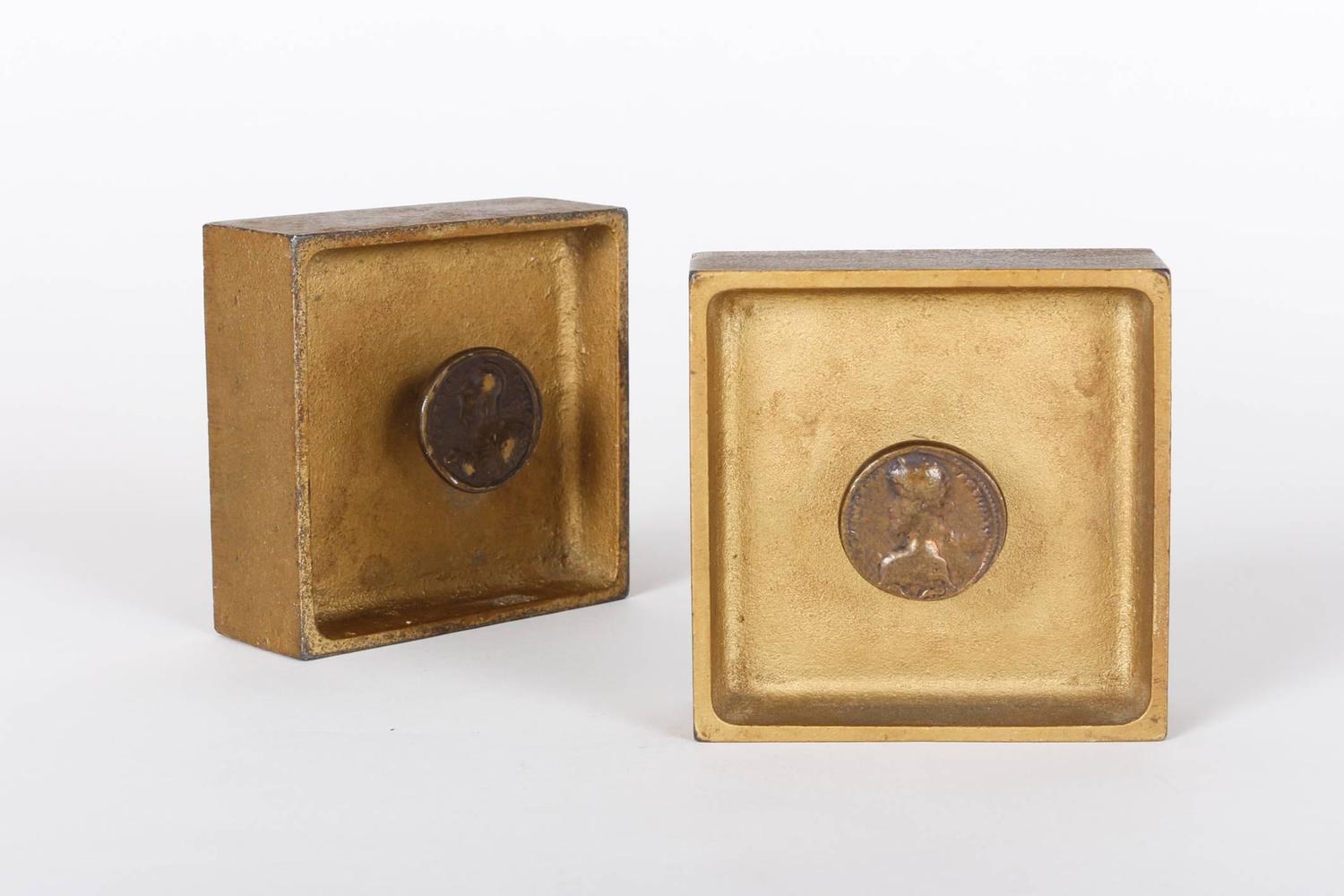Two Numismatic Auböck Heavy Brass Bookends, Vienna, 1970s For Sale at