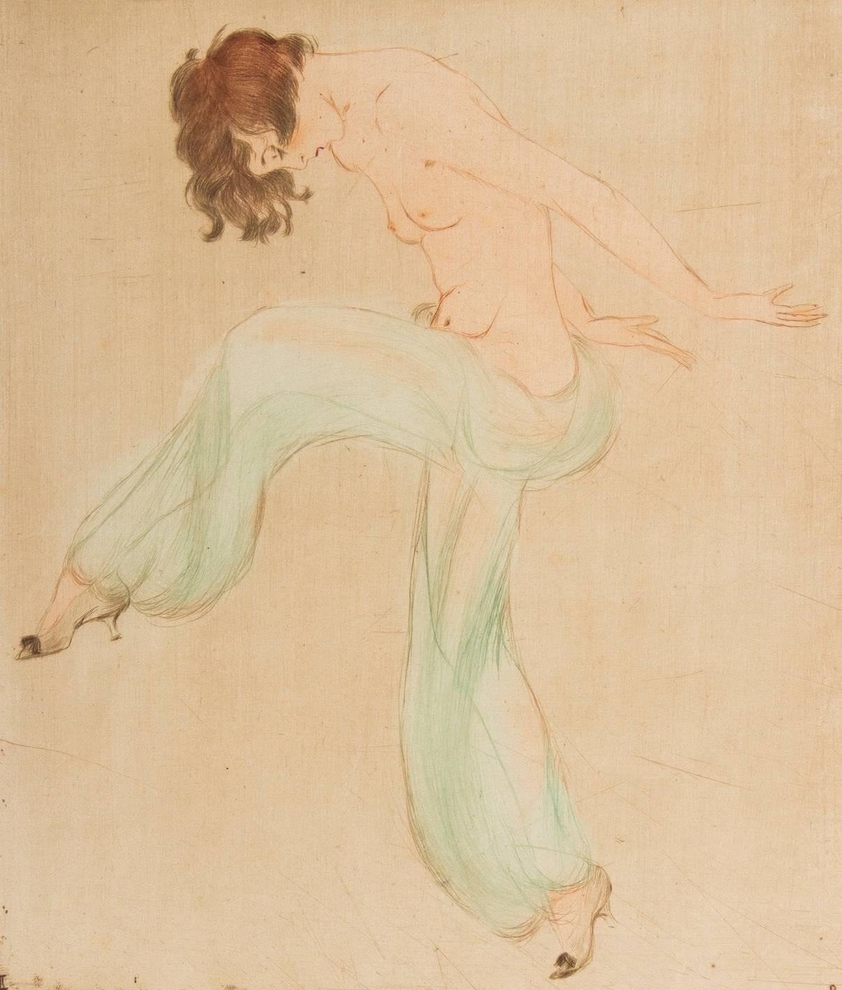 Vala Moro (1907), Vienna 
Art Deco dancing nude, 1924, from the portfolio “Tanz” 
Original colored etching, pencil-signed lower right, Vala Moro“
The picture shows a dancing female figure in green trousers with high heels. 

Vala Moro (1907)