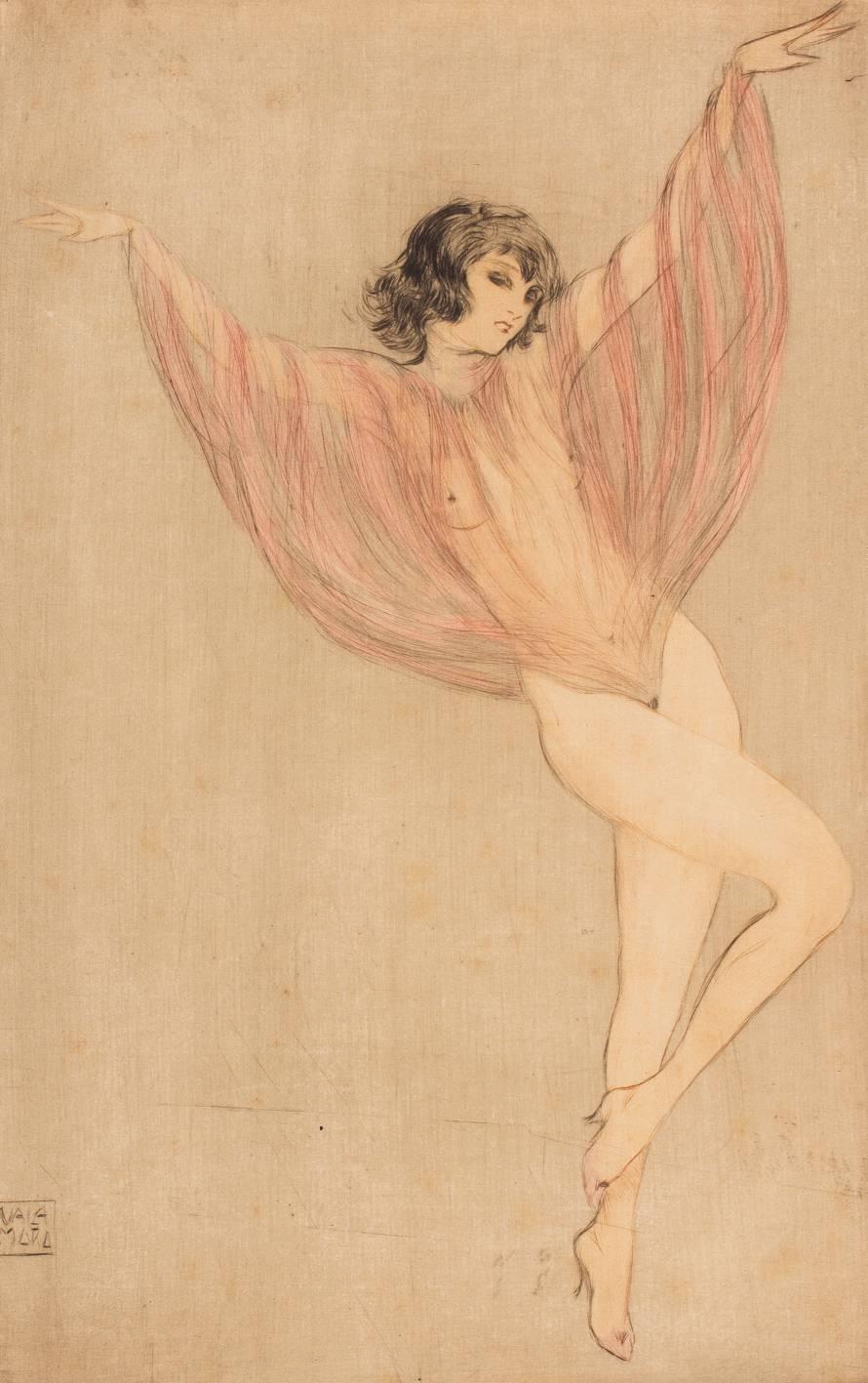Vala Moro (1907), Vienna
Art Deco dancing nude, circa 1924
Original colored etching, pencil-signed lower right and in etching “Vala Moro”

Vala Moro (1907) was an Austrian-Hungarian dancer and artist. She lived in Vienna and was active circa